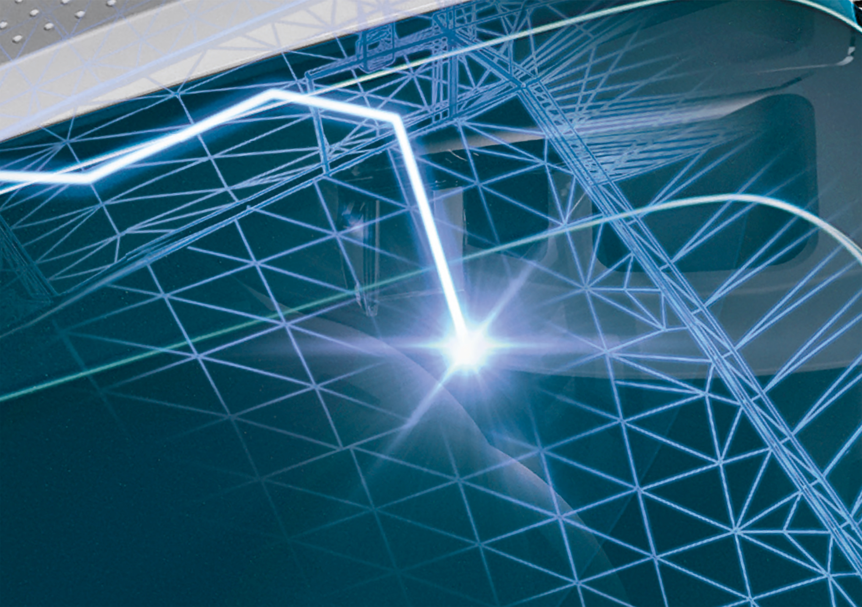 Abstraktes Bild mit Linien und hellem Licht, mit dunkelblauem Hintergrund.