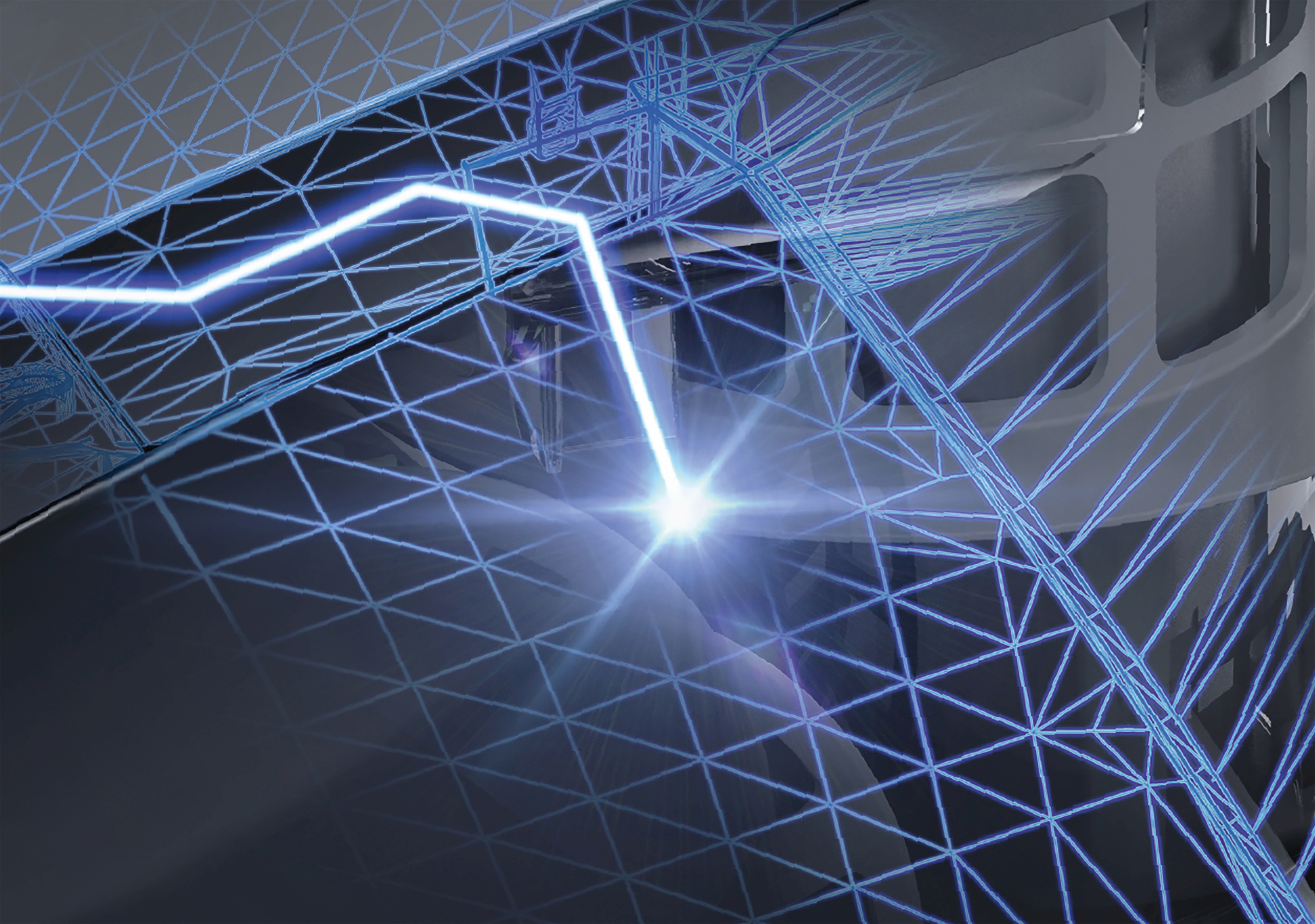 Abstraktes Bild mit blauem Drahtgittermuster. Scheint Energie oder Luftstrom in einer Maschine zu veranschaulichen.