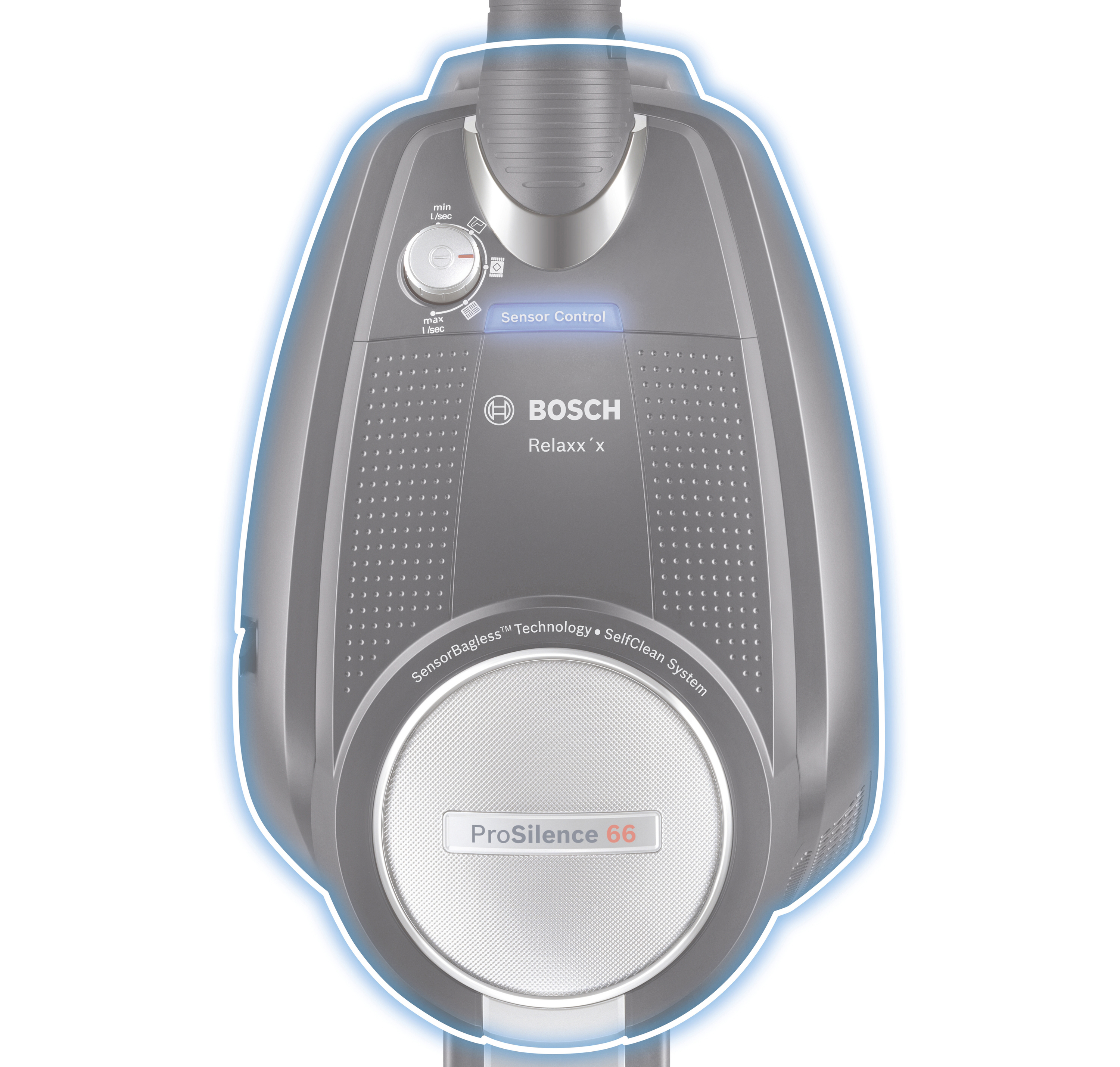 Bosch Staubsauger, Vorderansicht. Verfügt über ein digitales Display und verschiedene Bedienelemente.