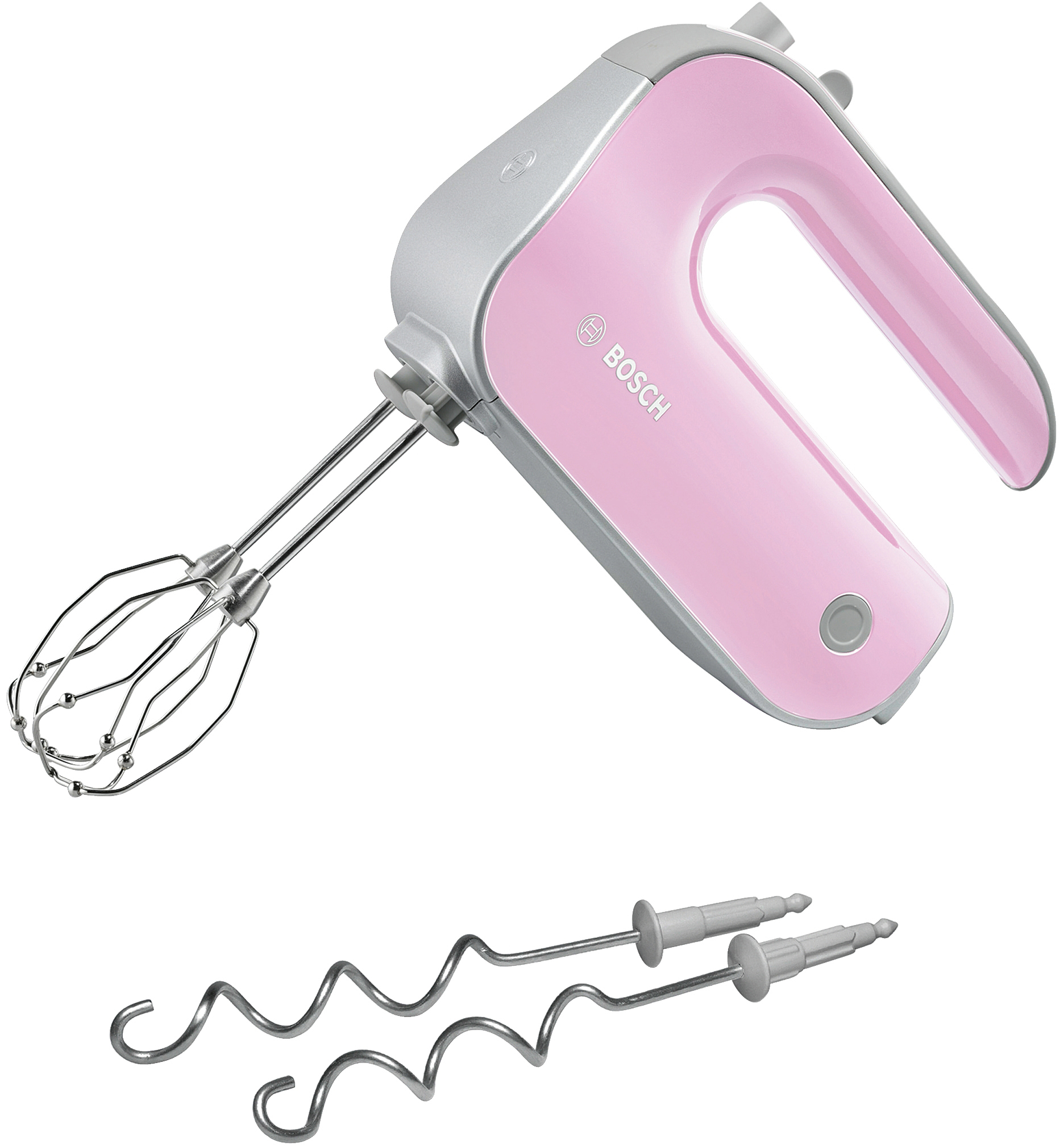 Rosa und silberfarbener Bosch Handmixer mit zwei Rührbesen. Es ist vor weißem Hintergrund.