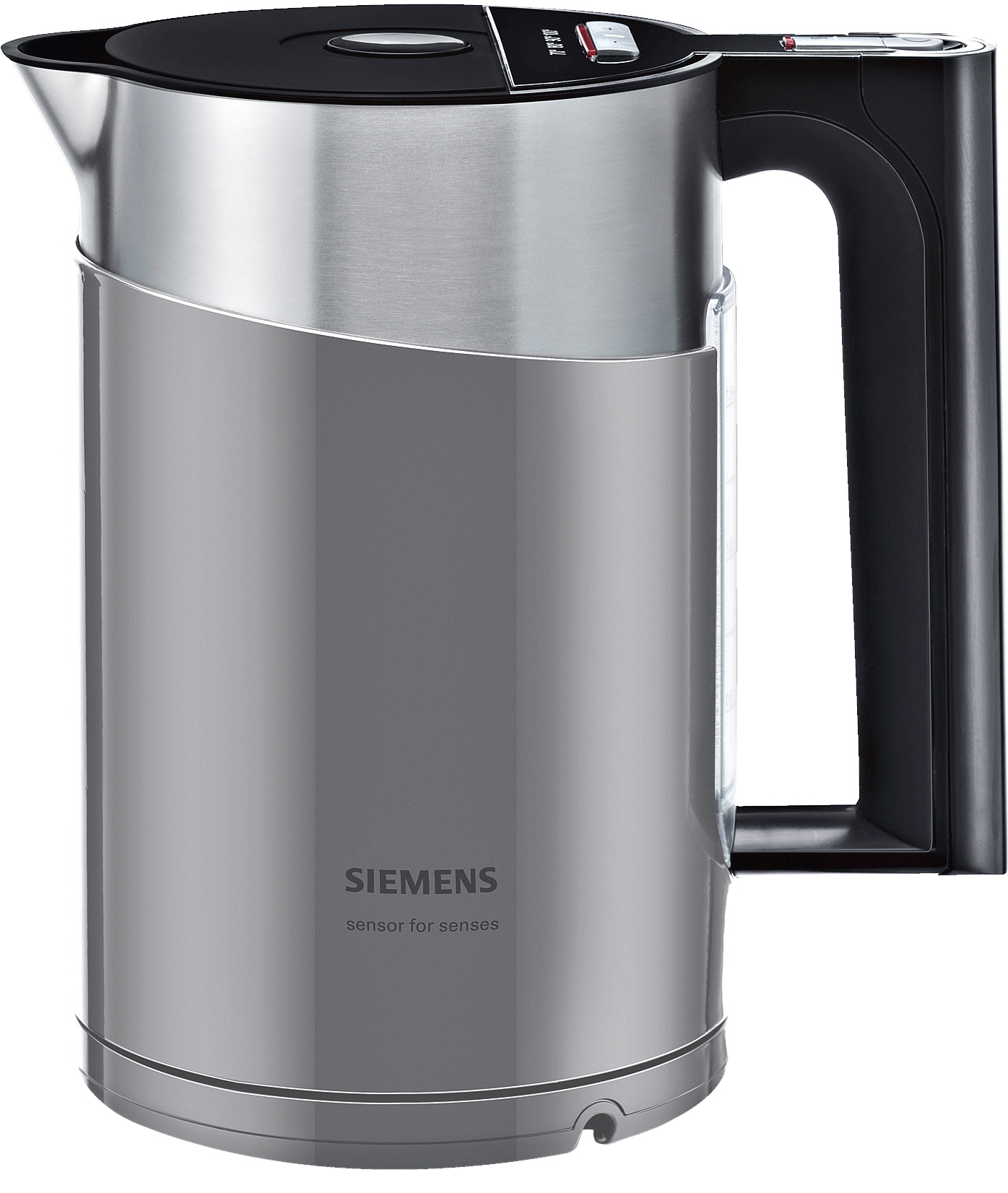Silberner Siemens Wasserkocher mit schwarzem Griff und Deckel.