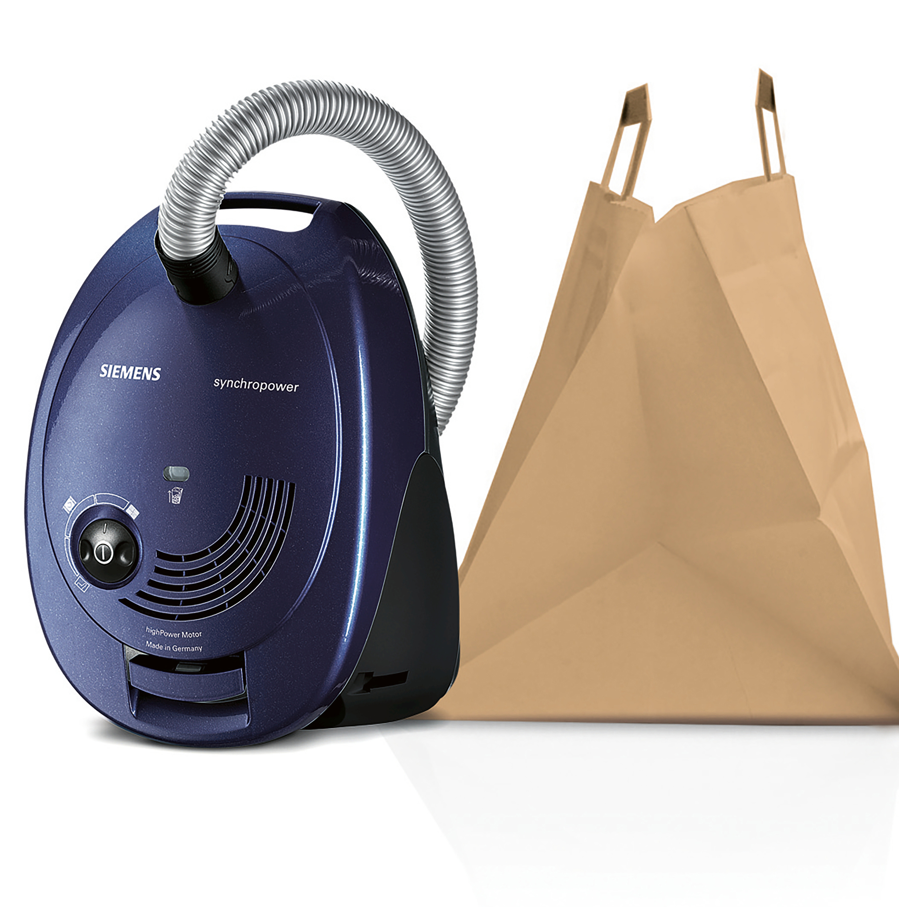 Blauer Siemens Staubsauger mit brauner Papiertüte daneben.