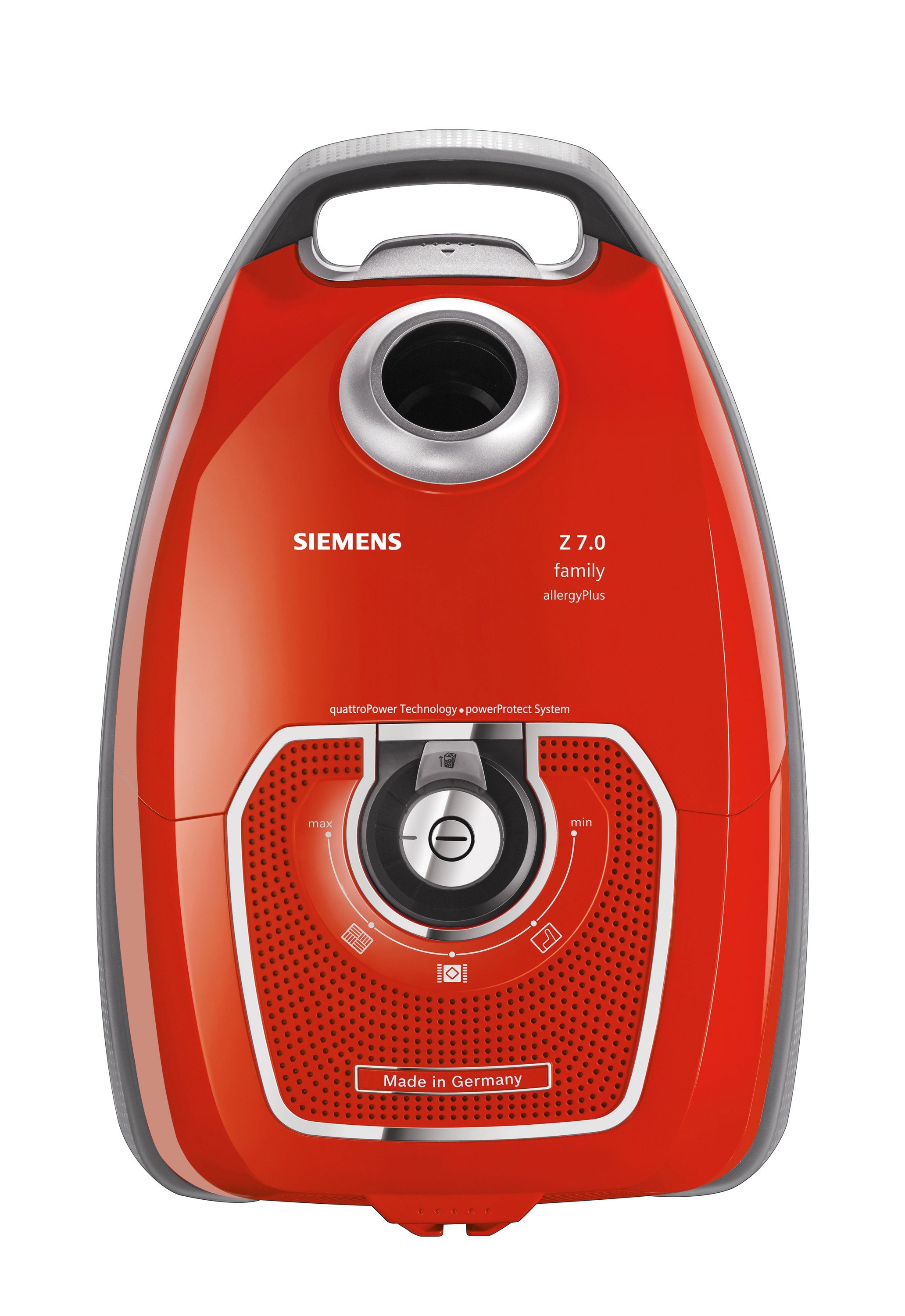Roter Siemens Staubsauger mit Bedienfeld, hergestellt in Deutschland.