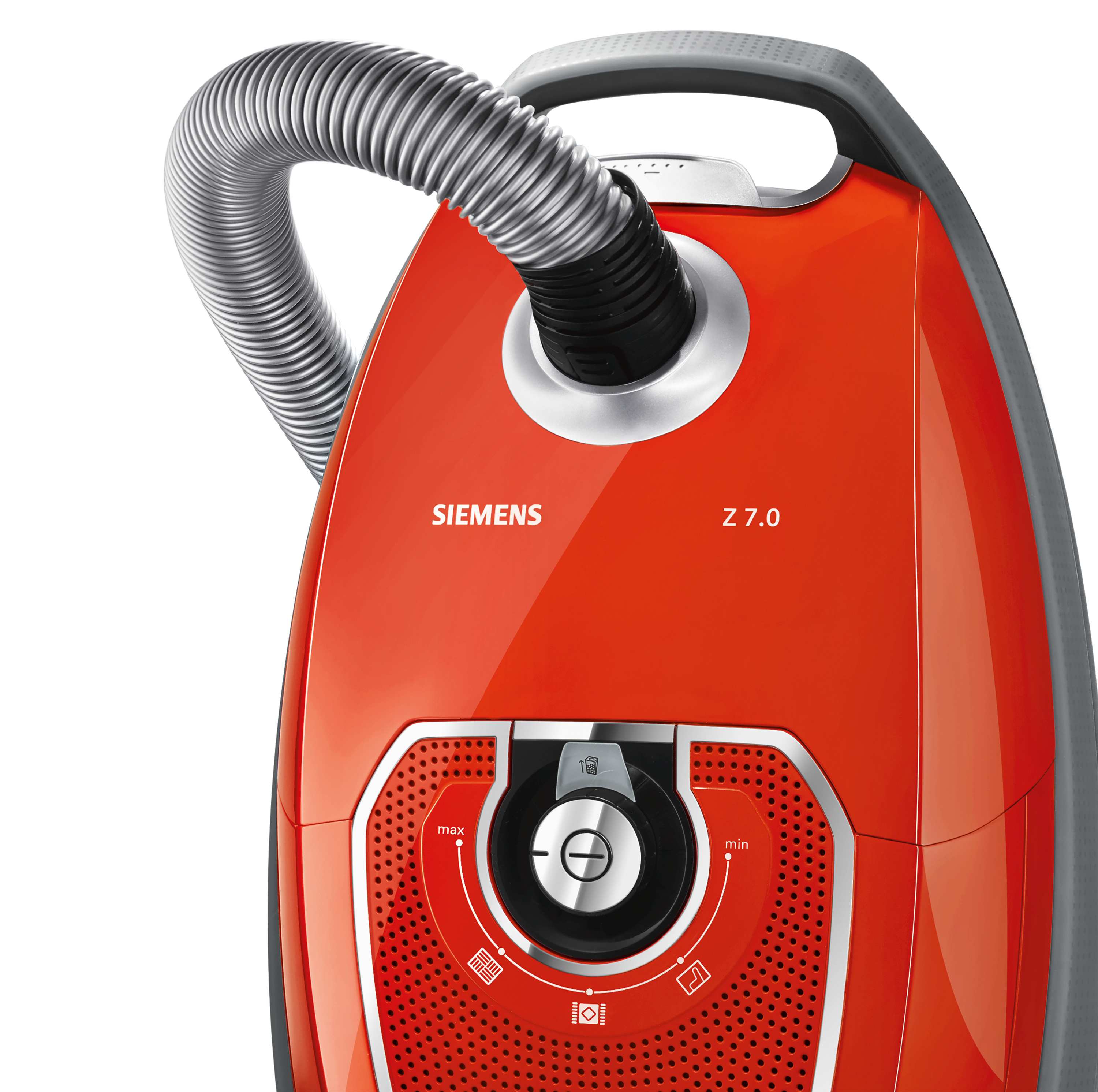 Roter Siemens Staubsauger mit grauem Schlauch und Griff.