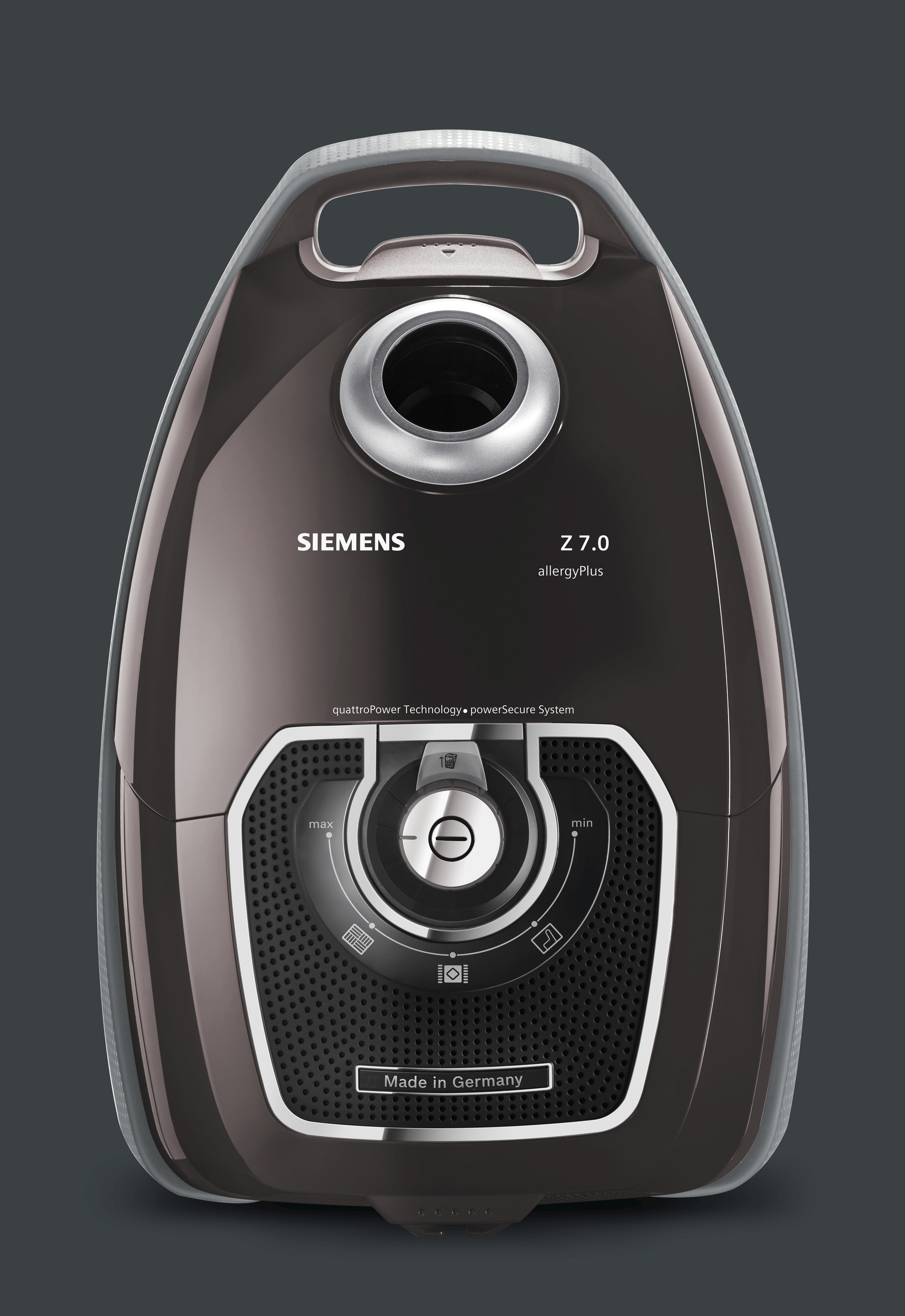 Ein brauner Siemens-Staubsauger mit schwarzem Design auf grauem Hintergrund.