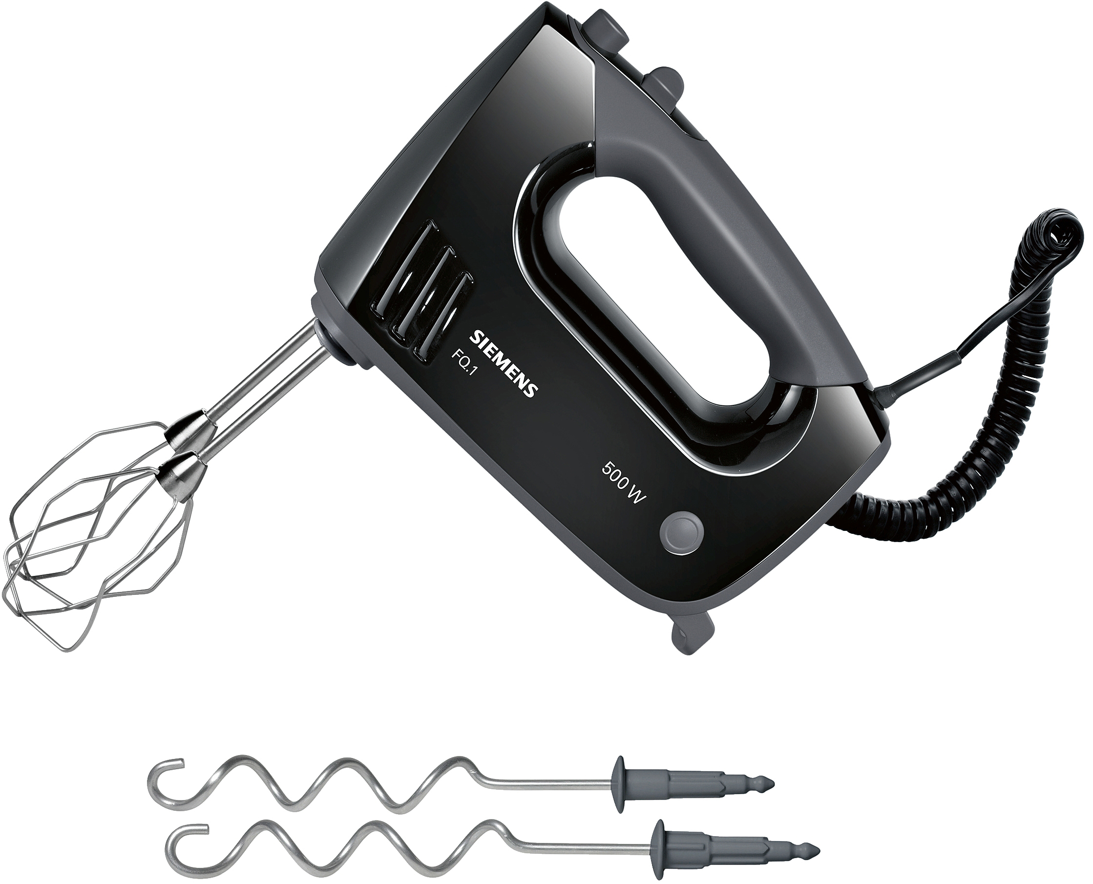 Schwarzer Siemens Handmixer mit Rührbesen, weißer Hintergrund.