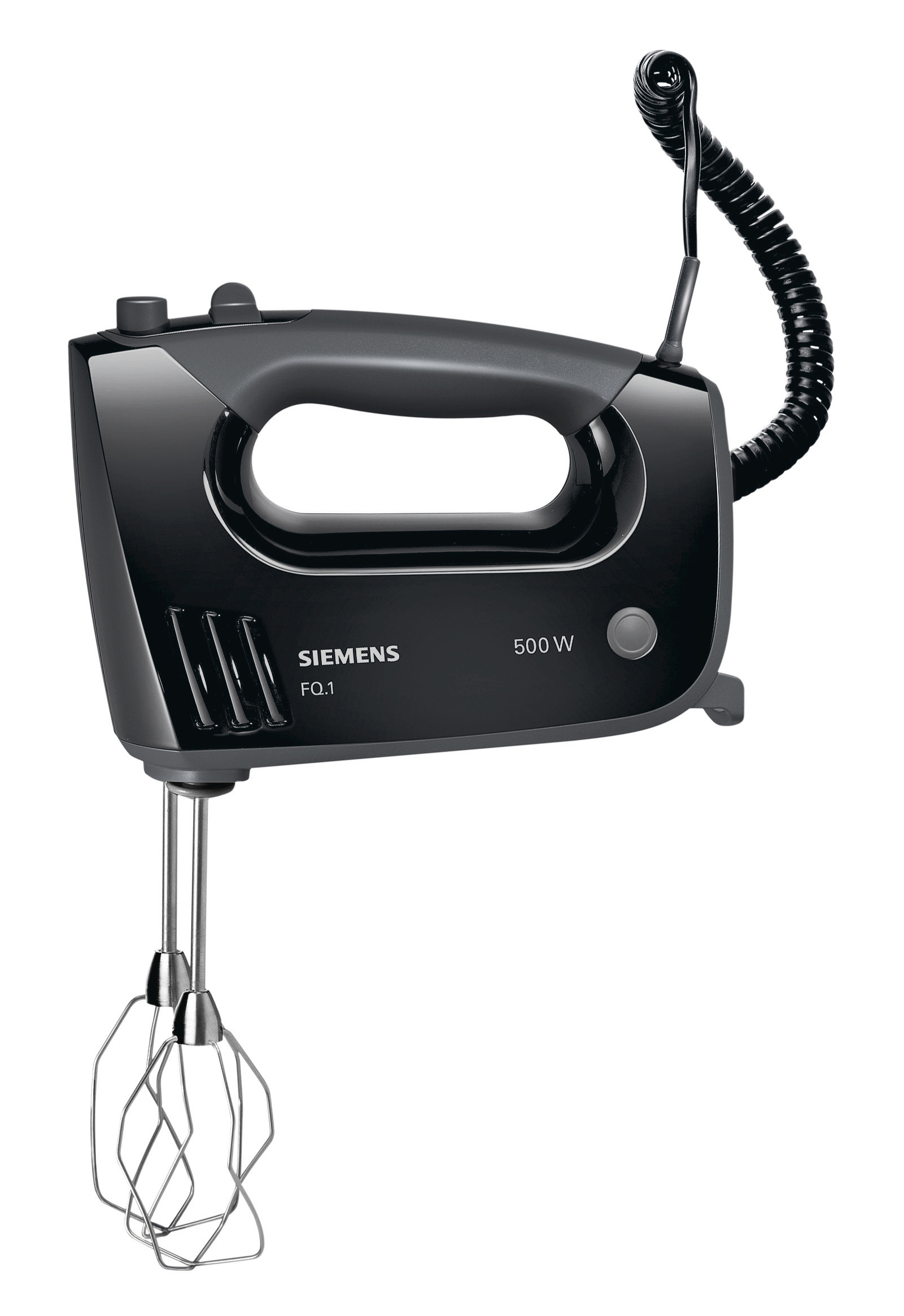 Schwarzer Handmixer mit Siemens-Logo und einem Kabel mit federartigem Design.