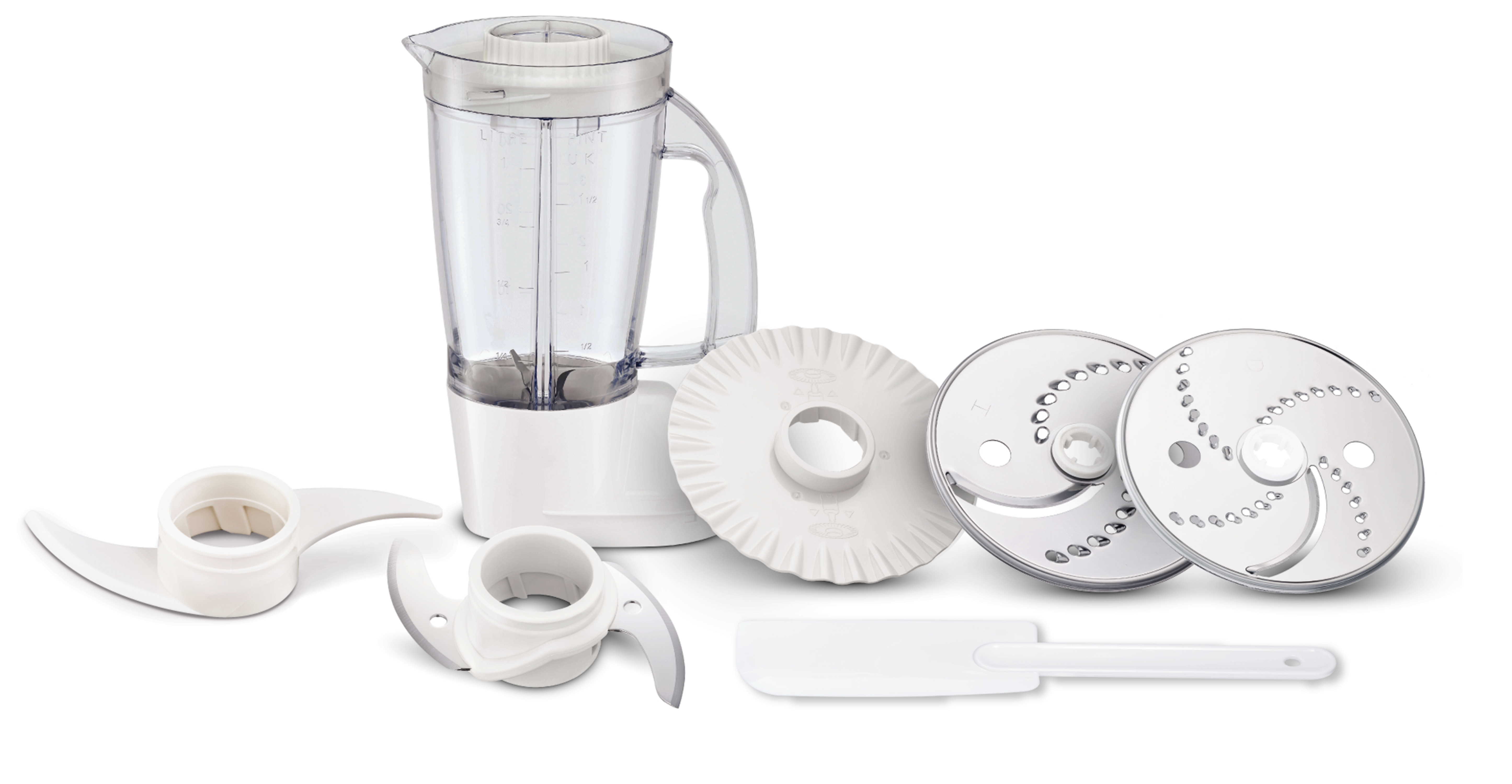 A white blender with attachments including blades, a lid, and a measuring cup.