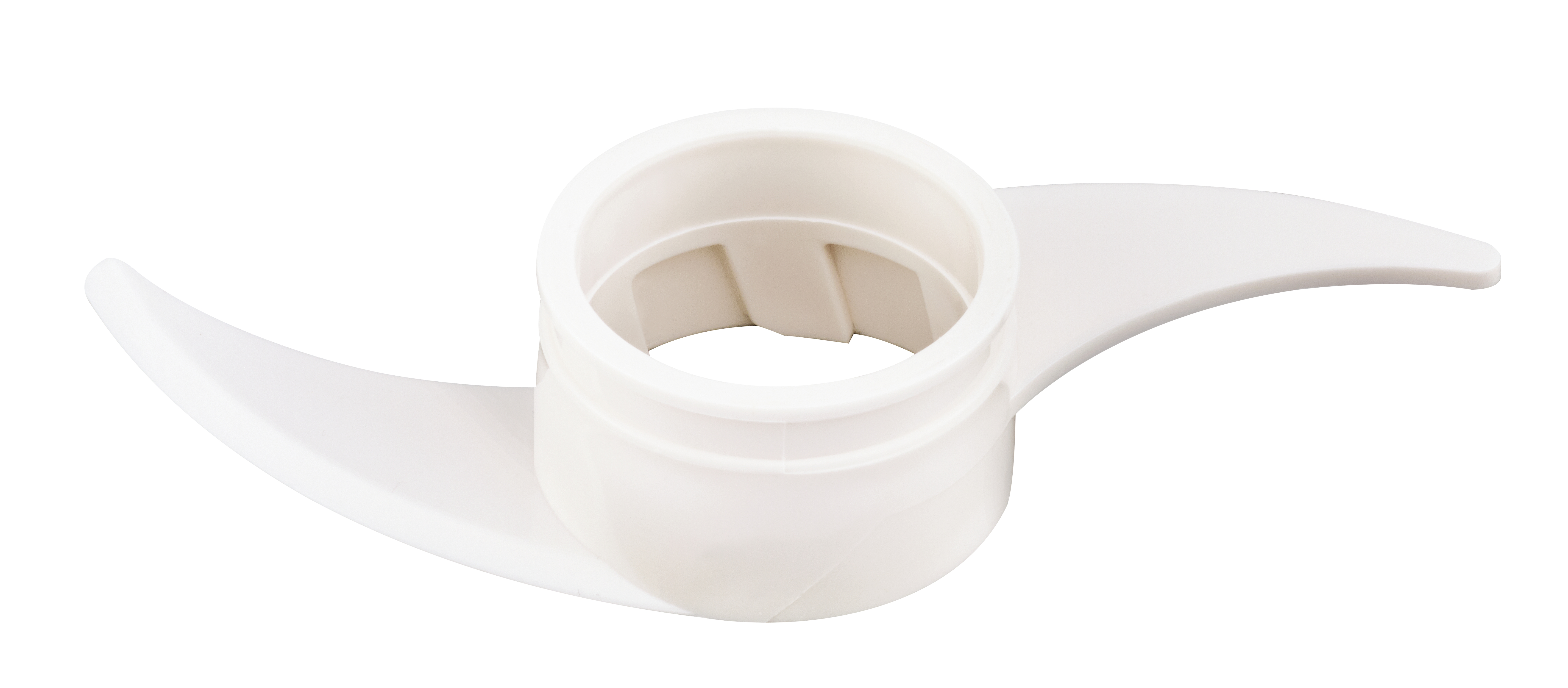 A white plastic chopper blade. The blade has a cylindrical central part with two blades extending outward.