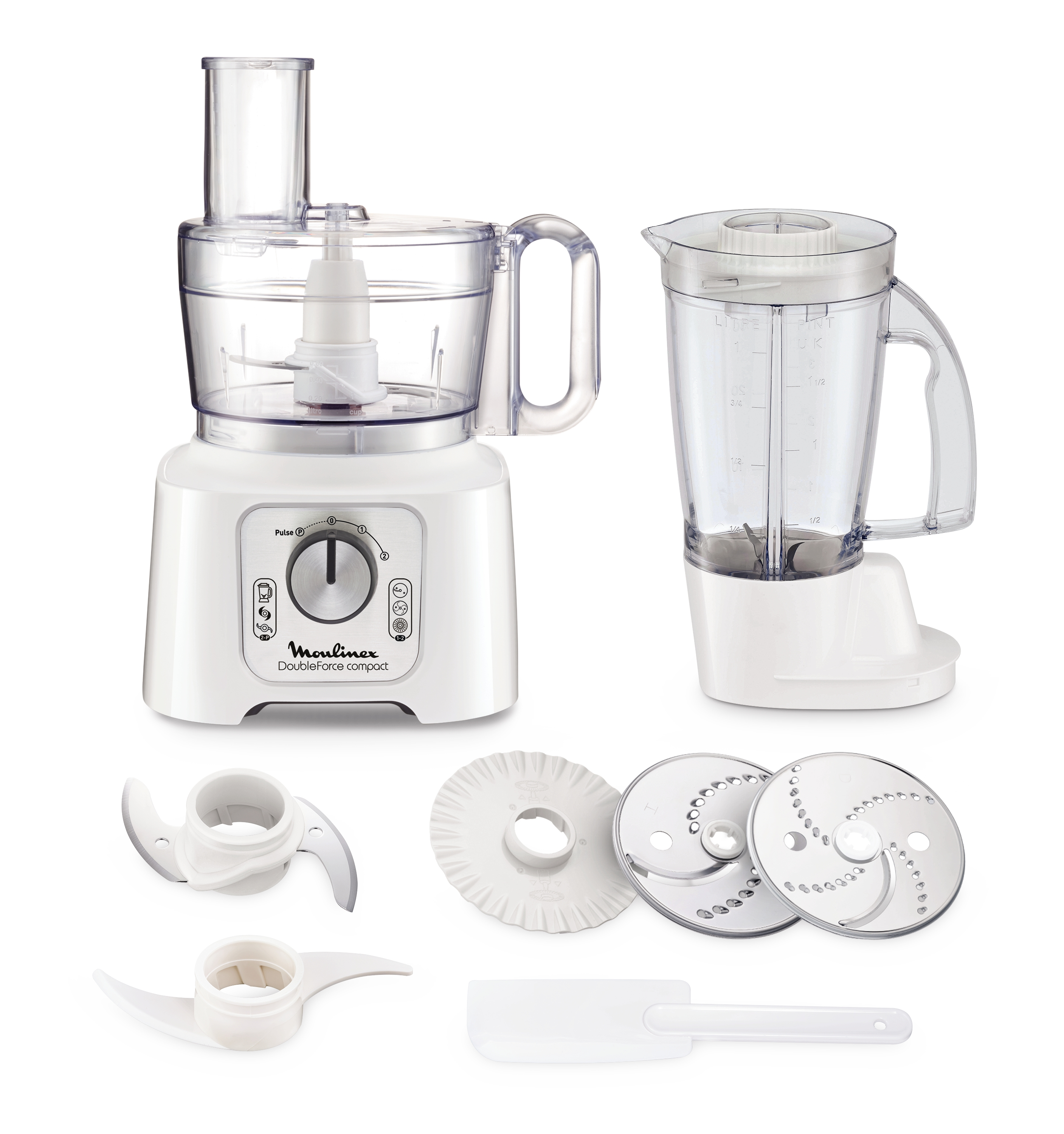 White food processor with attachments and blades, white background, multiple components.