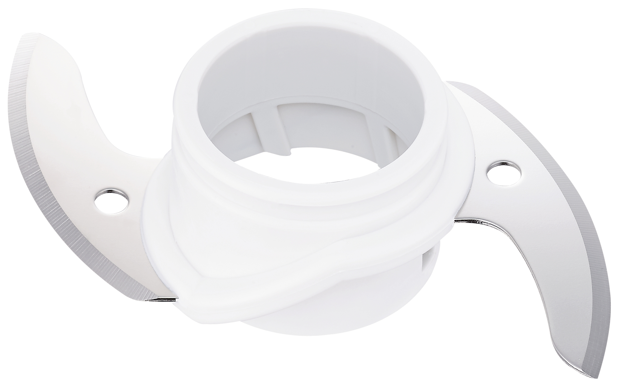 Close-up of a white plastic chopper blade with two curved blades.