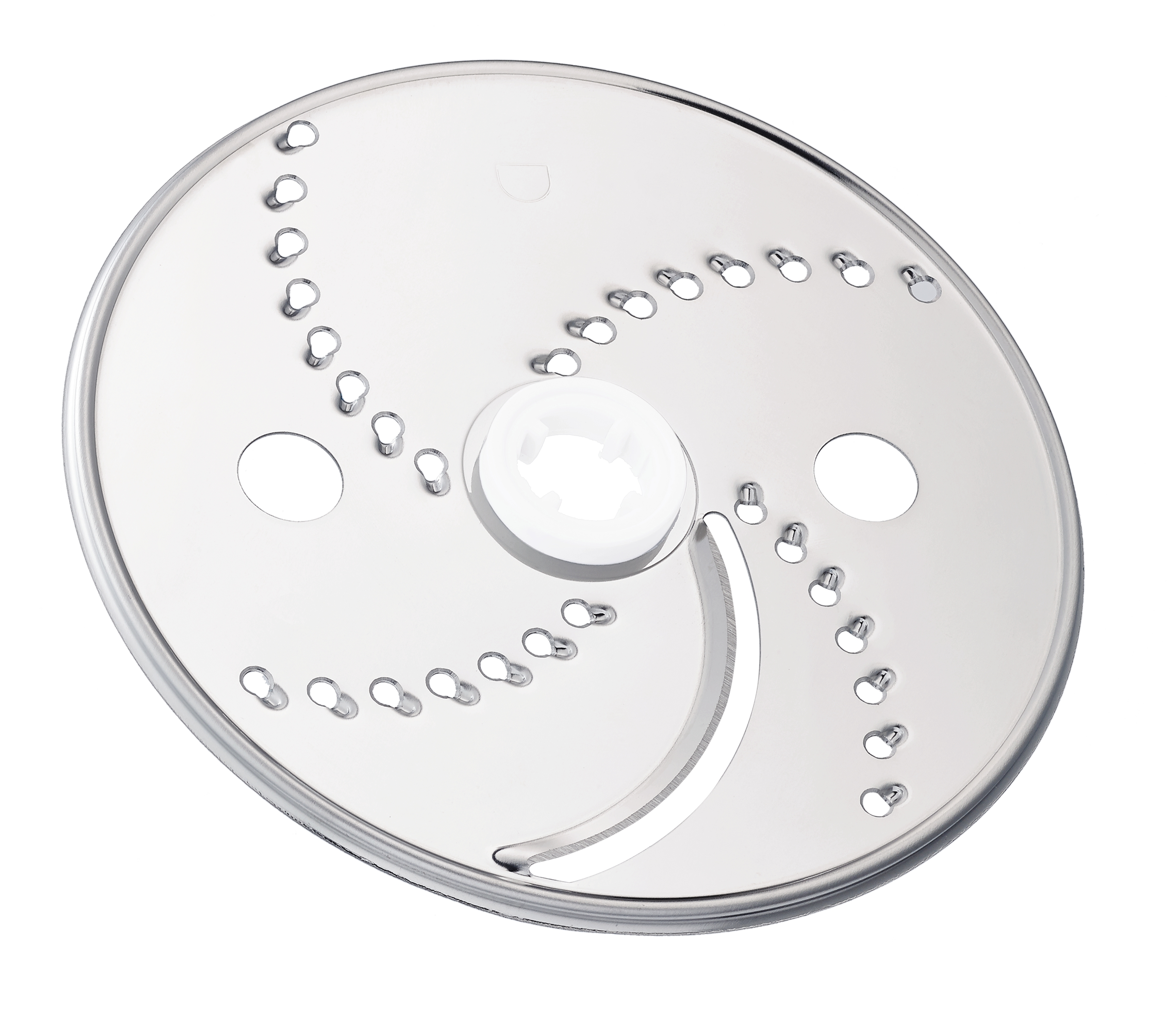 Clear plastic food processor blade with many small holes.