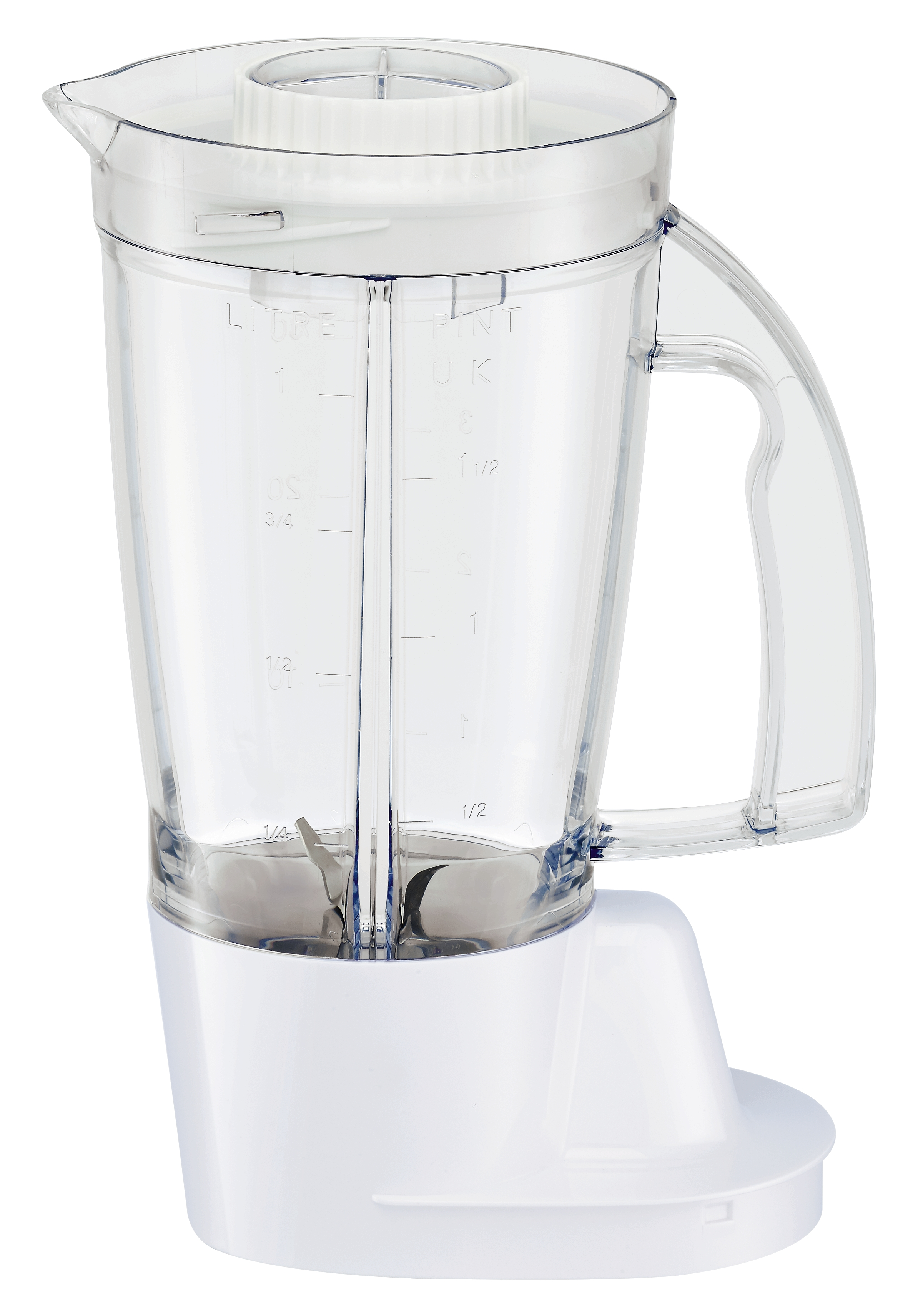 A clear blender with a white base, transparent jar, and visible blade.