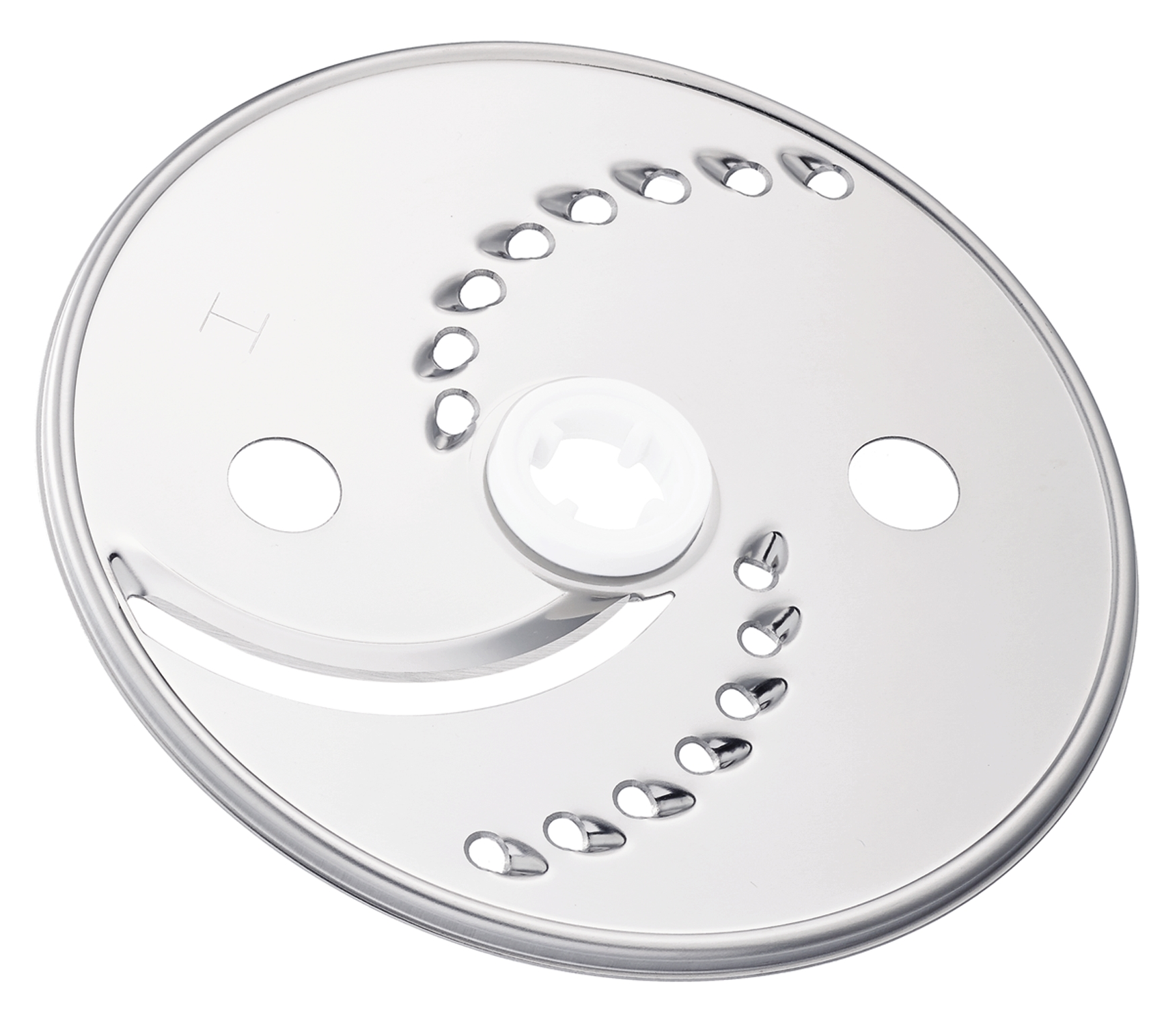 Circular metal blender blade with holes. White background.