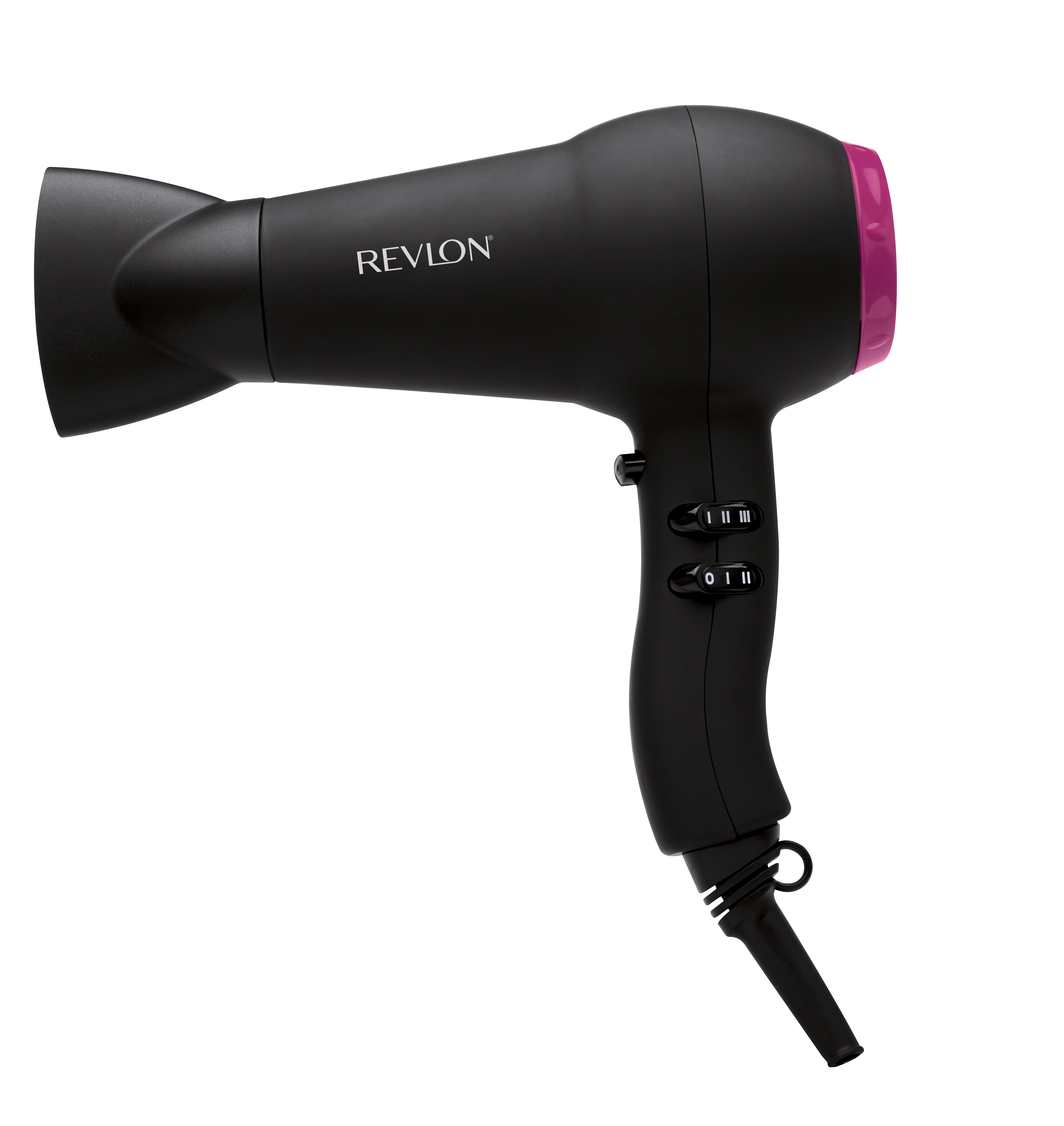 Schwarzer Revlon-Haartrockner mit rosa Akzenten.