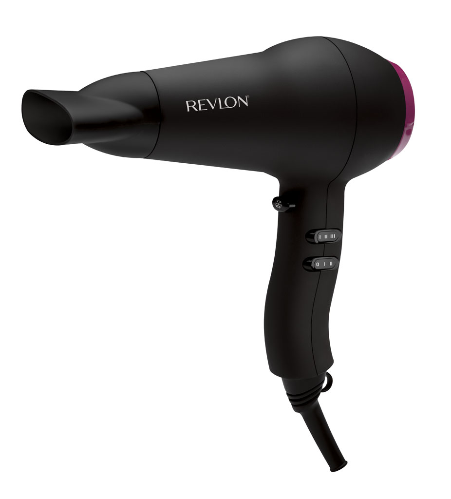 Schwarzer Revlon-Haartrockner. Die Oberseite hat ein rosa Detail.