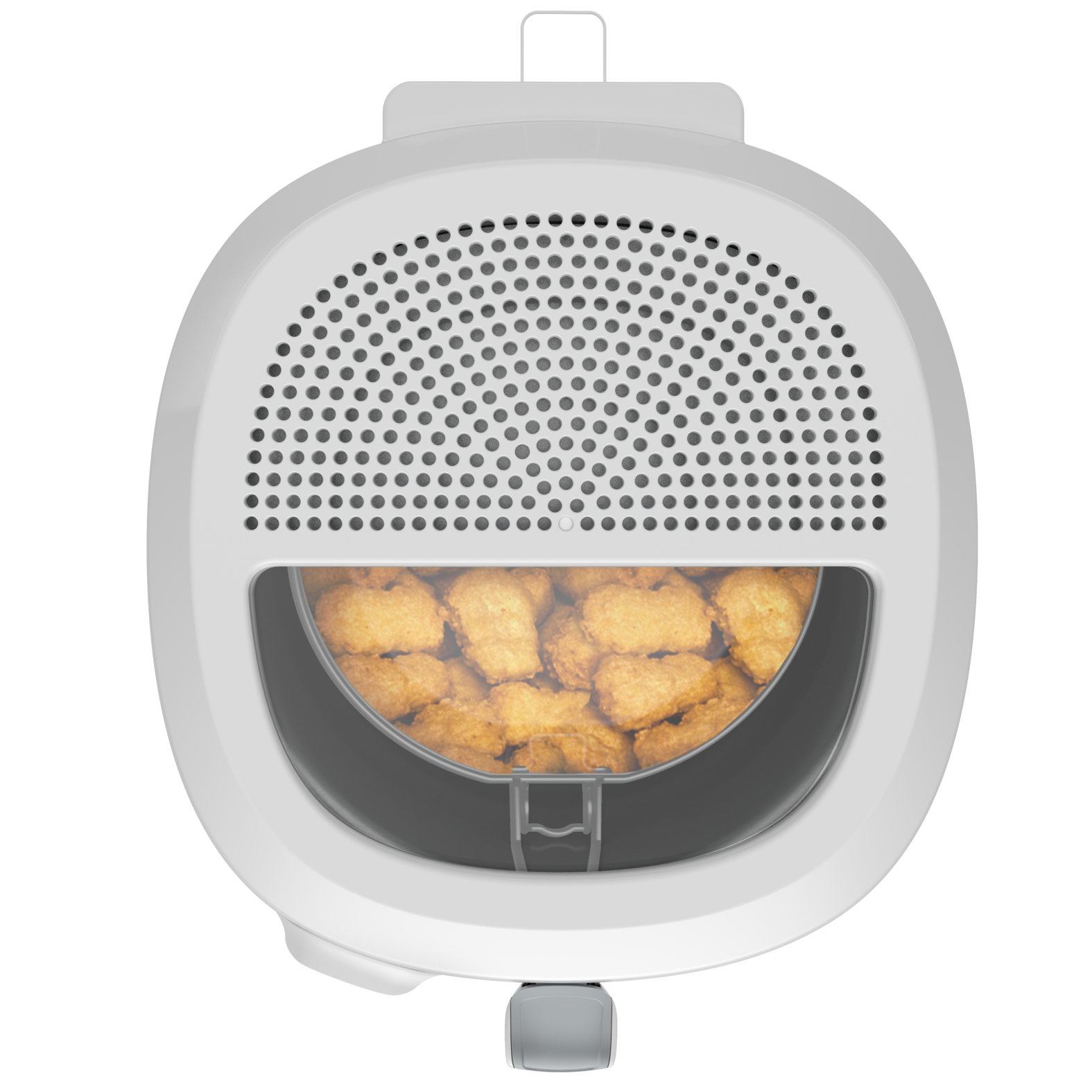 Une vue aérienne d'une friteuse blanche remplie de pépites de poulet dorées.