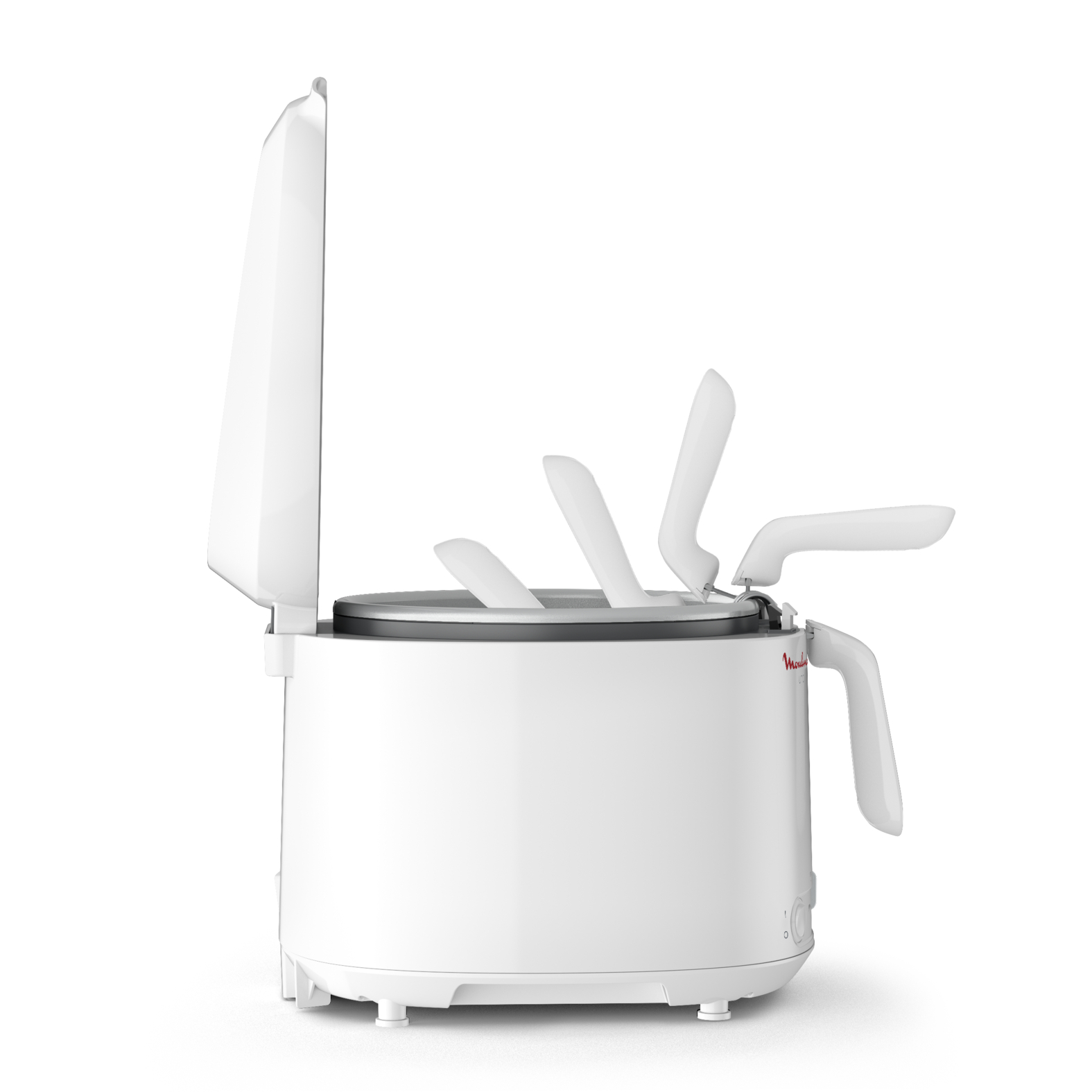 Un cuiseur Moulinex blanc avec le couvercle ouvert, montrant des composants blancs à l'intérieur.