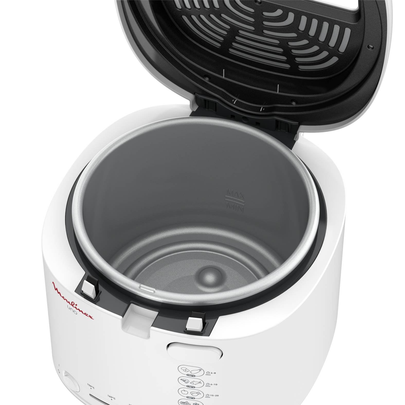 Friteuse Moulinex One blanche, ouverte, montrant l'intérieur.