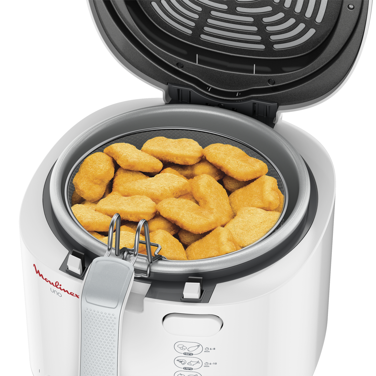 Une friteuse blanche avec des nuggets dans le panier. Le couvercle est ouvert.
