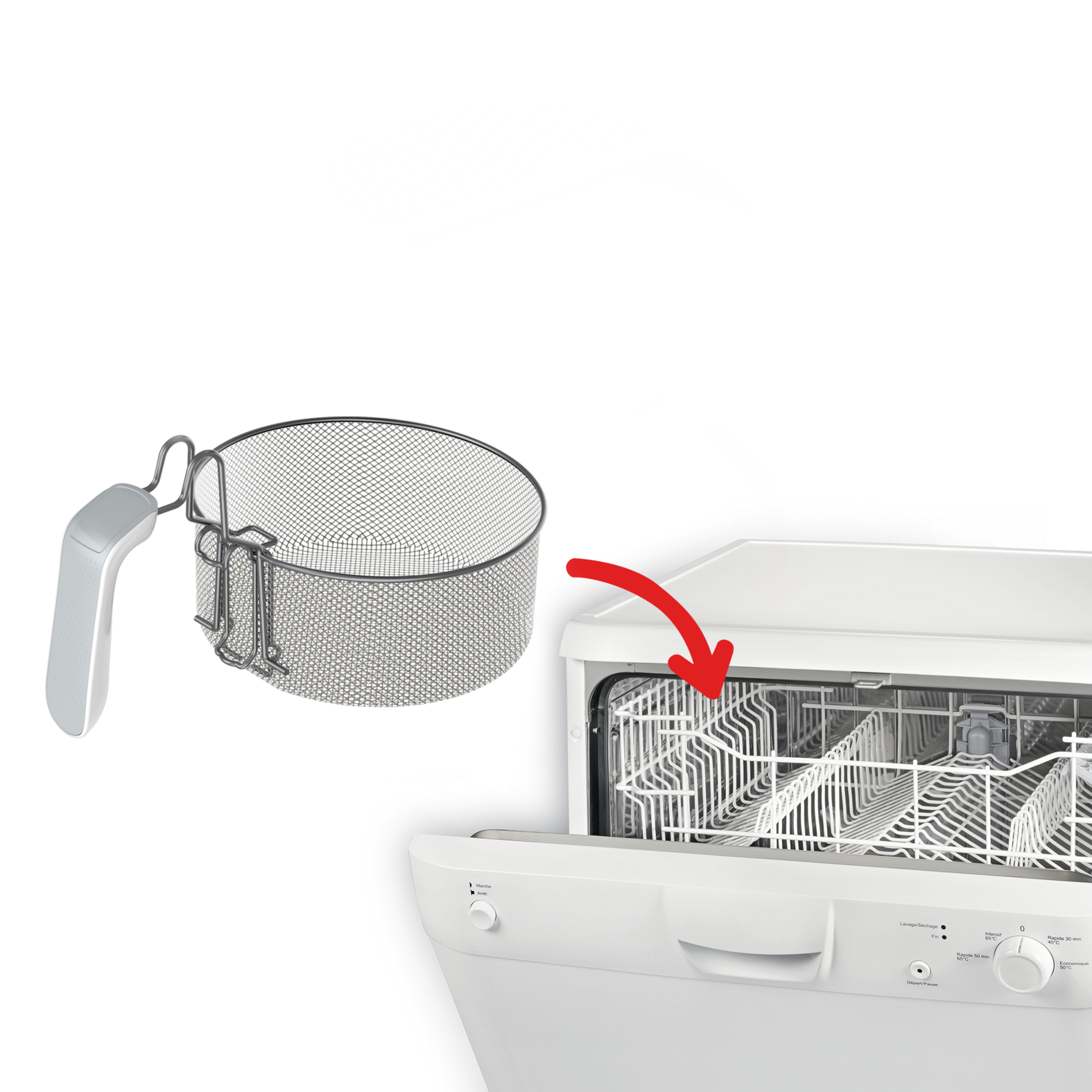 Un panier en treillis est à côté d'un lave-vaisselle ouvert avec des grilles blanches.