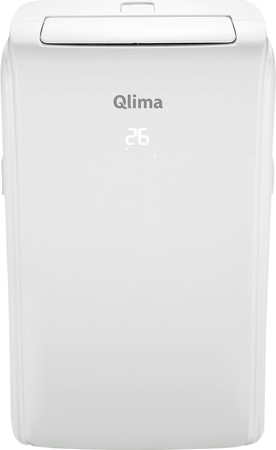 Witte airconditioner met Qlima merknaam en digitaal display met 26.