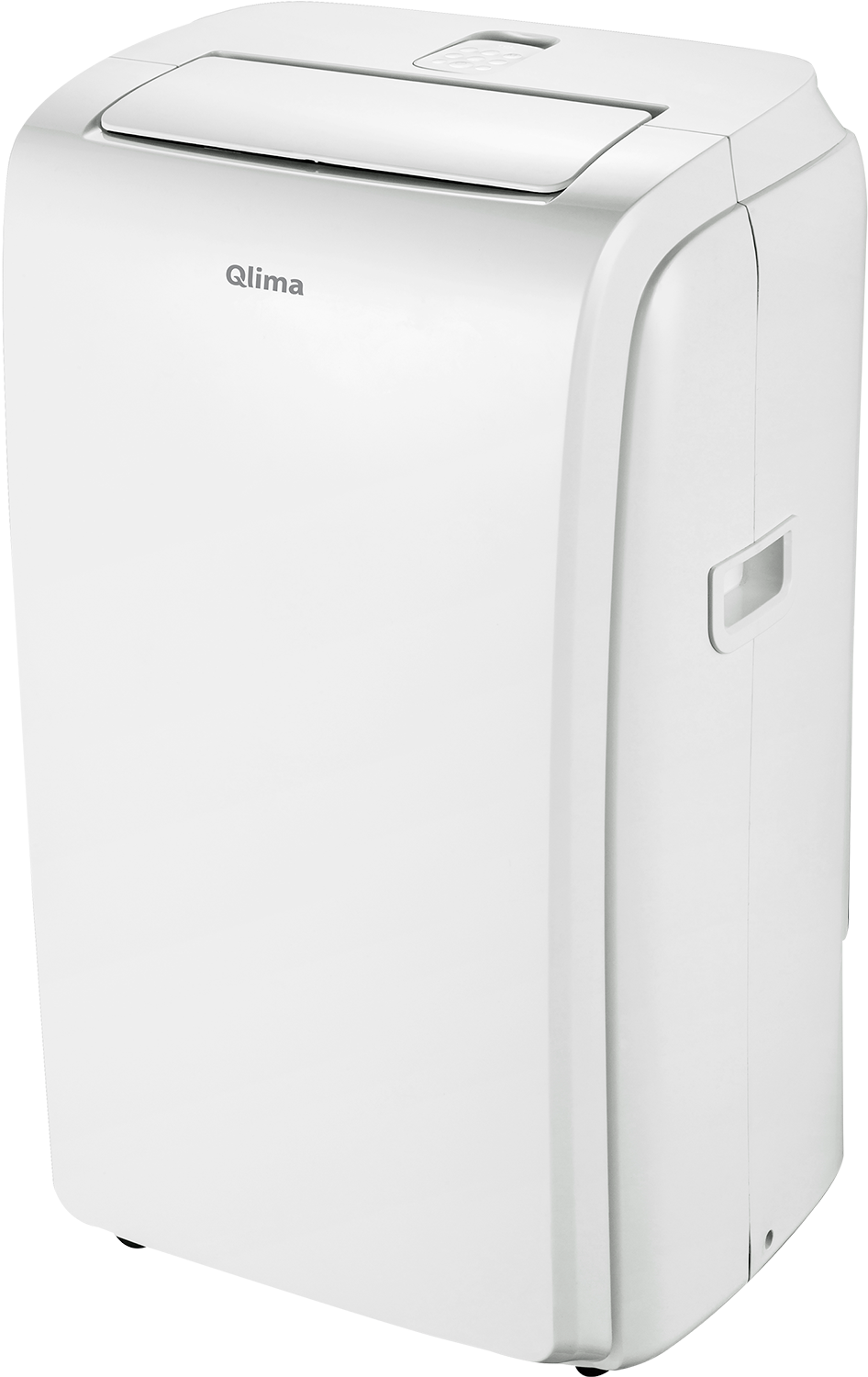 Witte Qlima airconditioner, rechtopstaand, met de merknaam zichtbaar.