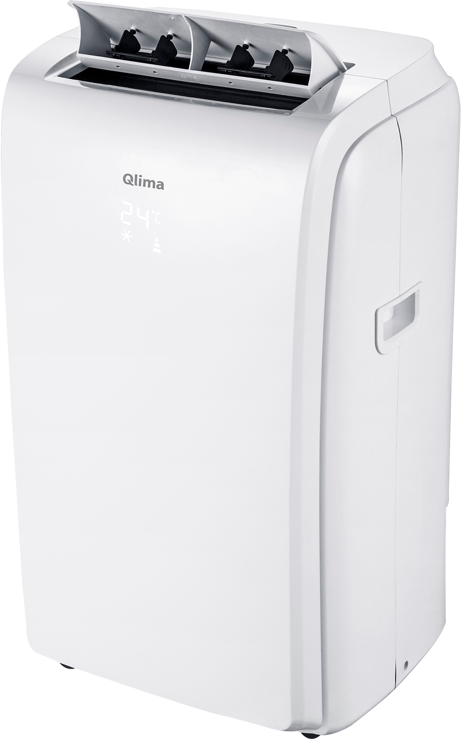 Witte Qlima draagbare airconditioner. Digitaal display toont 24°C. Witte achtergrond.