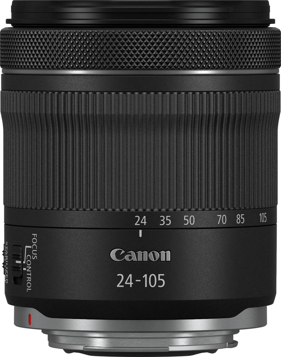 Schwarzes Canon 24-105mm Kameraobjektiv mit Fokus- und Stabilisatorreglern und Entfernungsmessern.