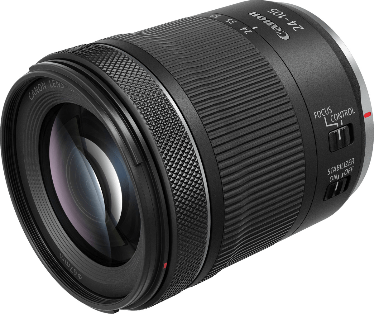 Schwarzes Canon 24-105mm Kameraobjektiv mit Fokus- und Stabilisatorreglern und Entfernungsmessern.