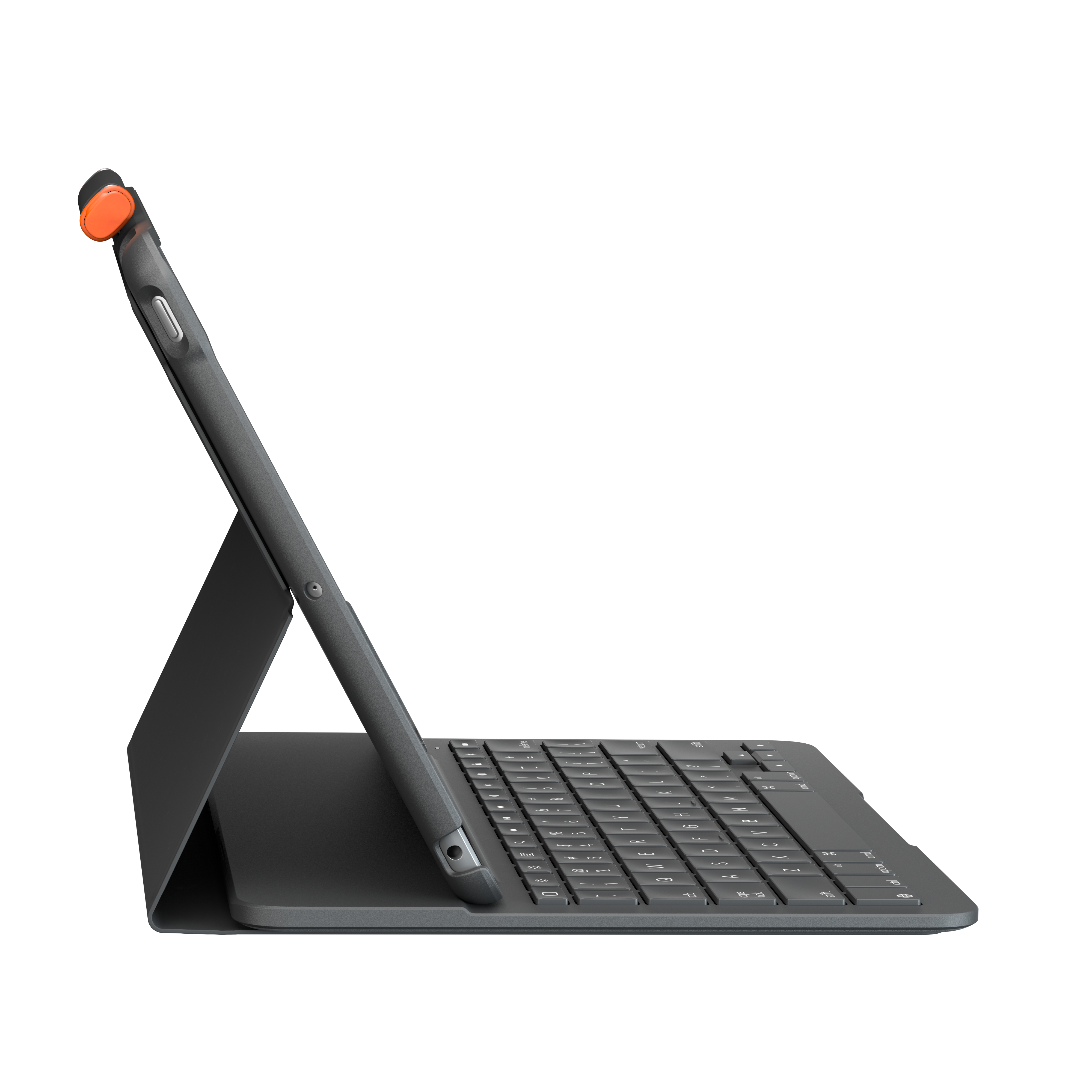 Tablet in a case with keyboard, angled on a black surface.