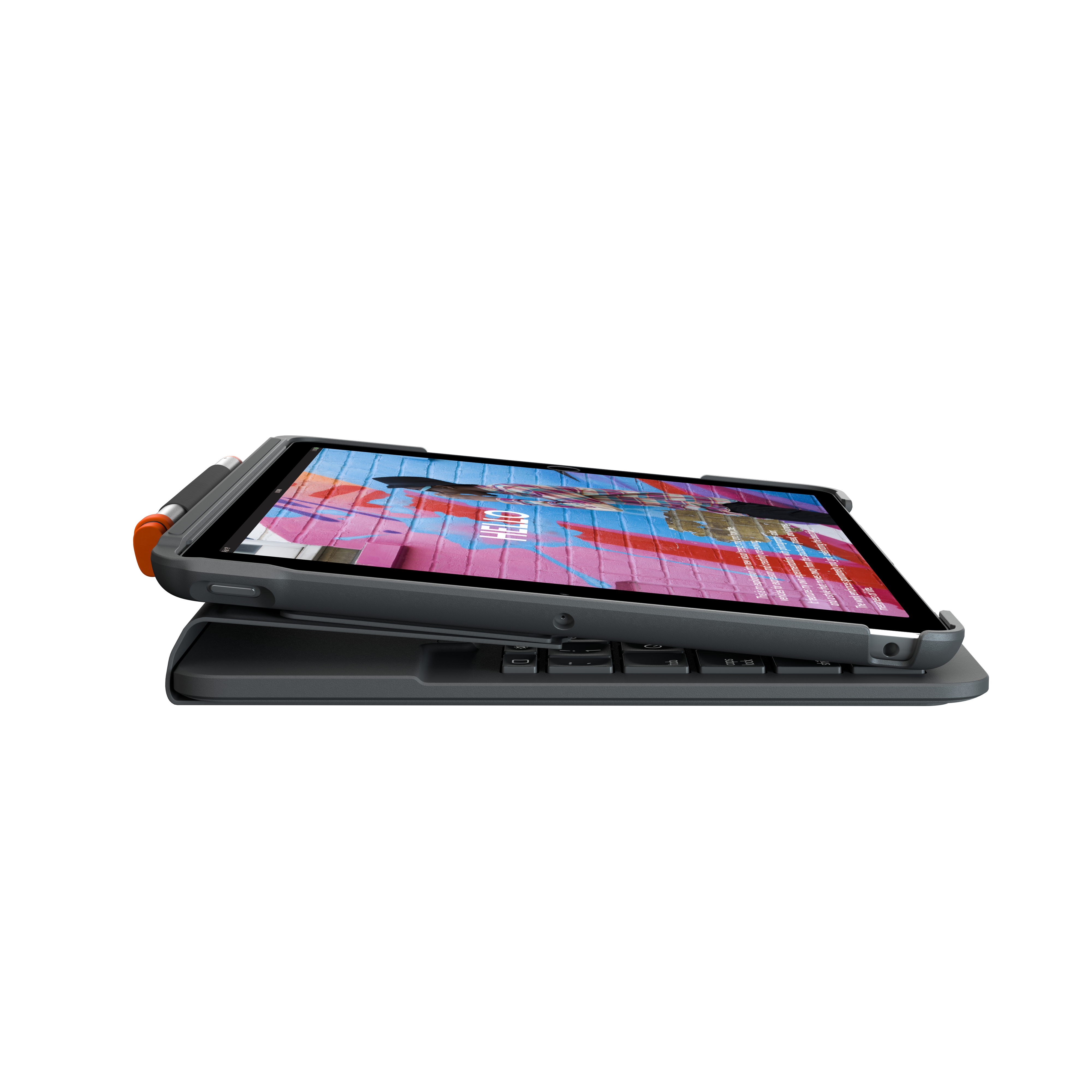 A tablet is in a keyboard case. The tablet displays a colorful image. Black background.