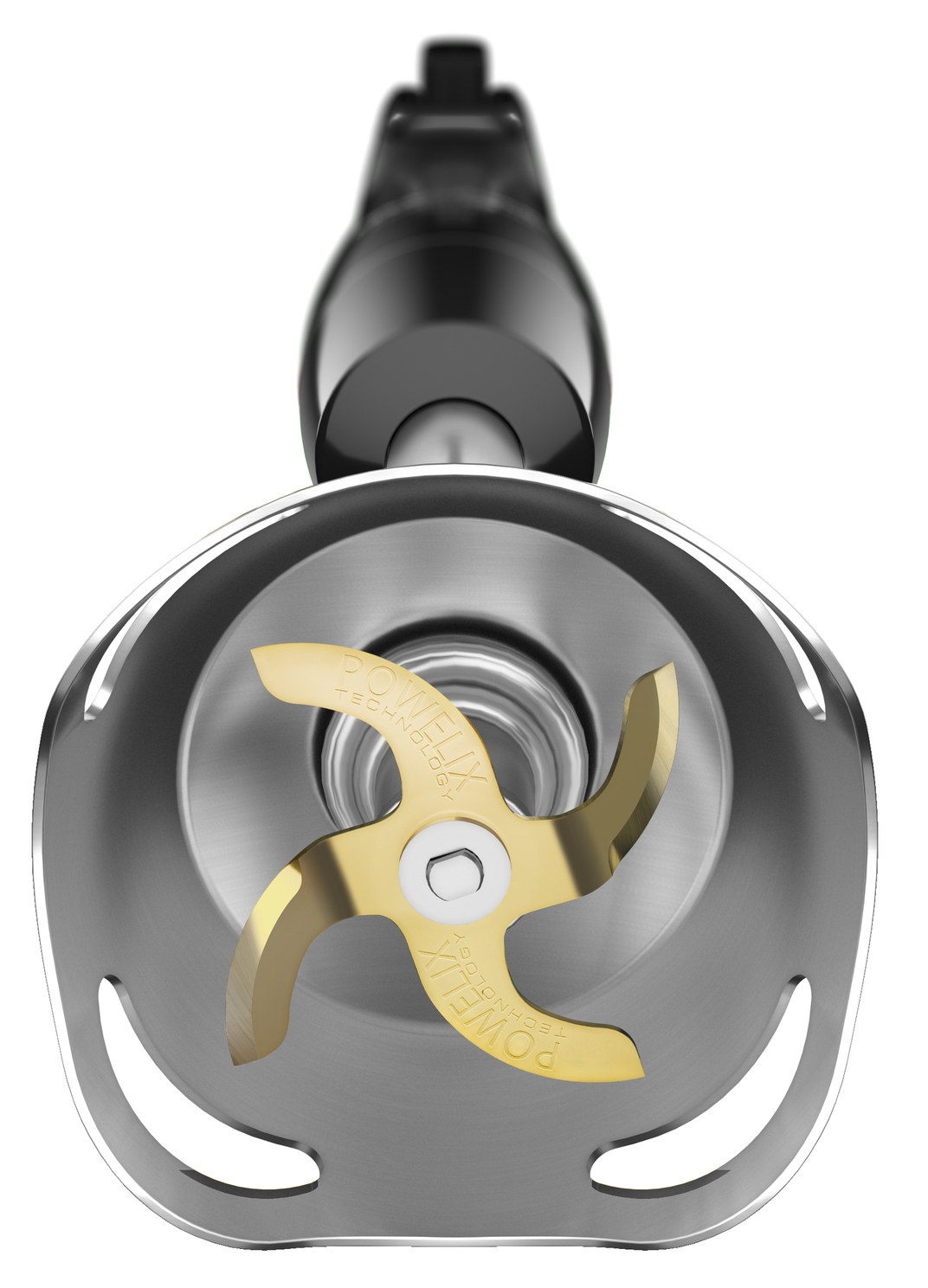 Close-up of a silver hand blender with a gold blade.