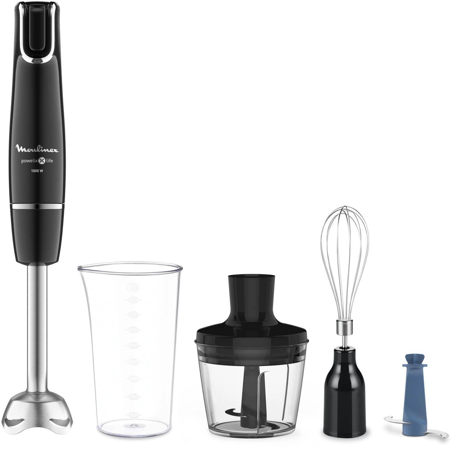 Hand blender and accessories: beaker, chopper, whisk, and blade attachment. Black and silver.