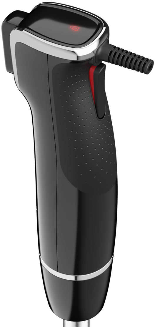 Black hand blender with a red power button and a silver trim.