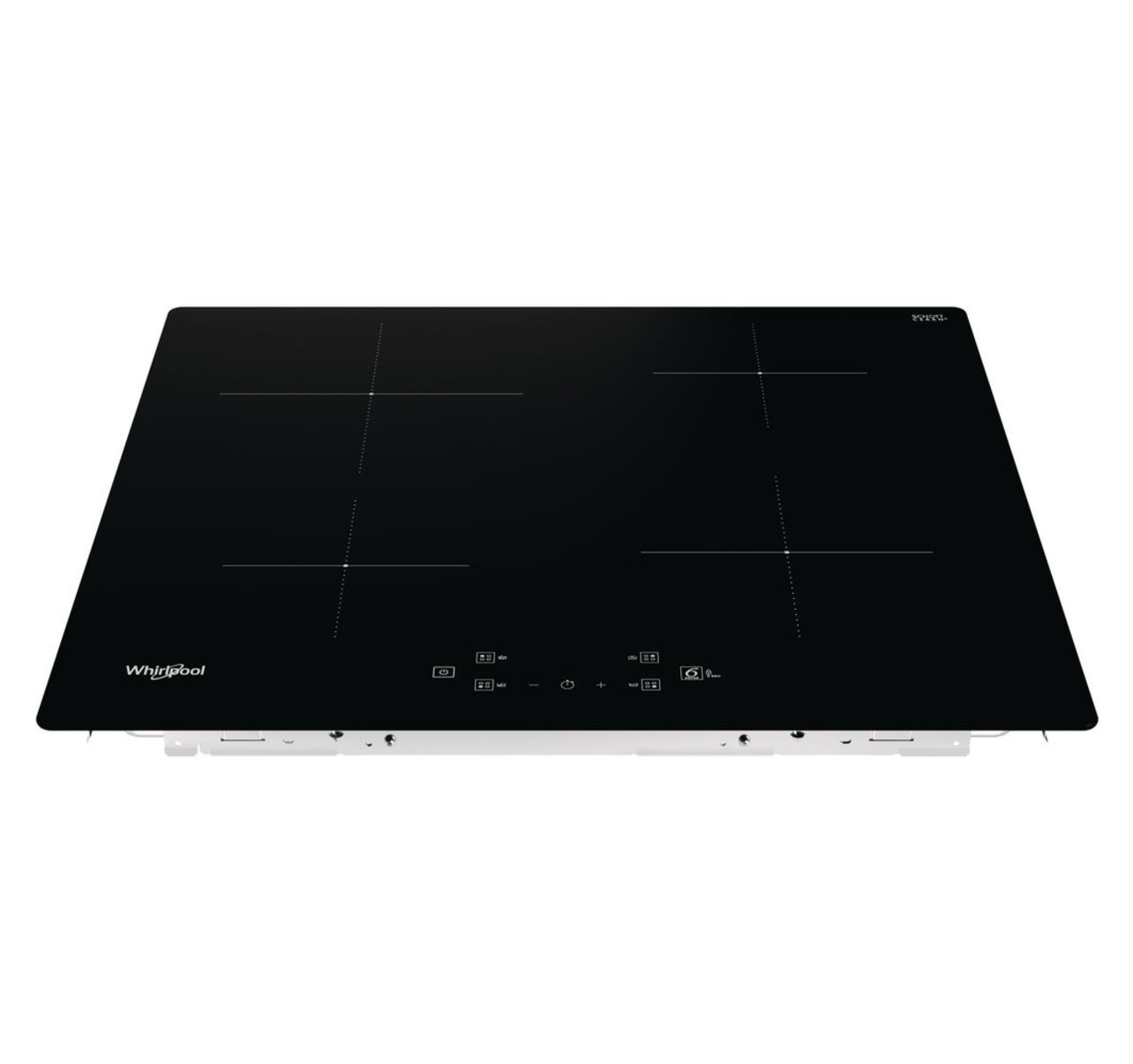 Fekete Whirlpool indukciós főzőlap négy főzőzónával és fehér kerettel.