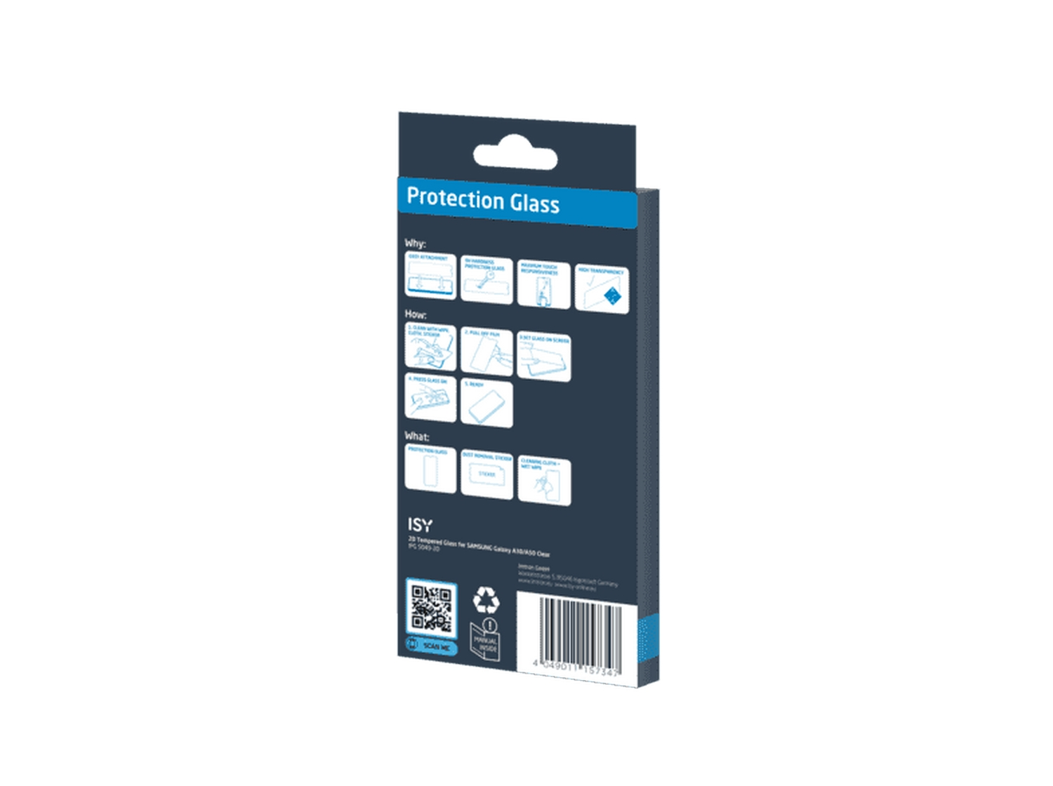 Parte trasera del paquete protector de pantalla. Instrucciones, diagramas y detalles en azul.