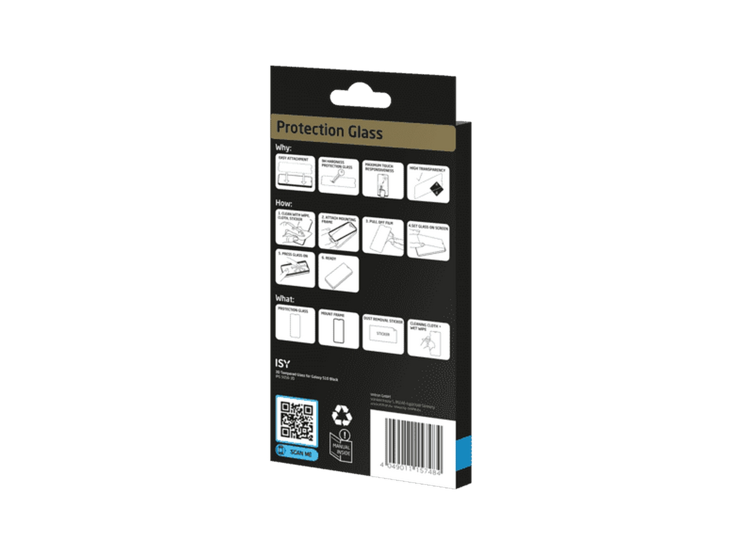 Un embalaje de protector de pantalla de teléfono con instrucciones y un código de barras.