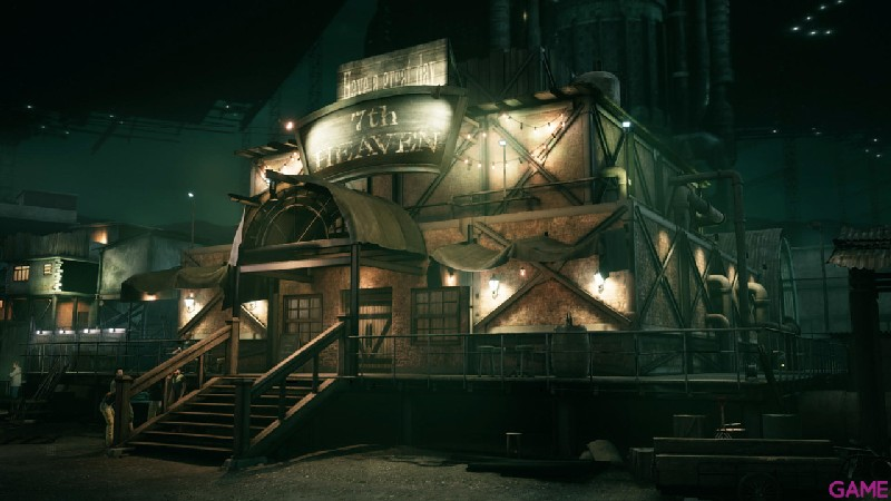 Un edificio estilizado con letrero '7TH HEAVEN' de noche, en un entorno de juego.