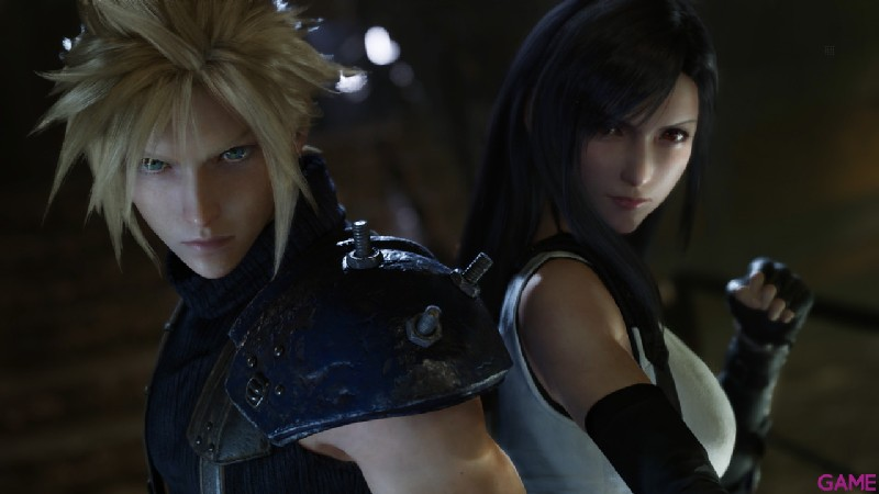 Cloud y Tifa de Final Fantasy VII Remake, uno al lado del otro, mirando a la cámara.