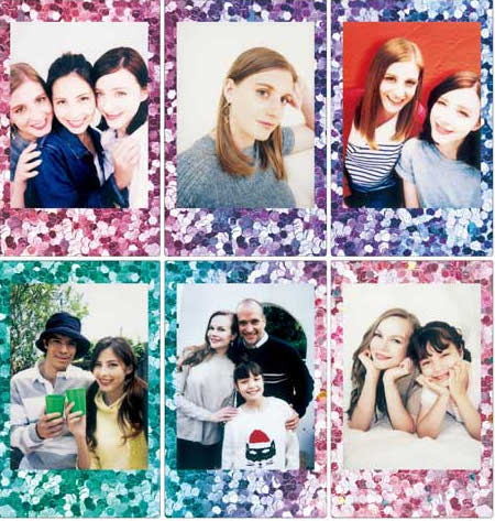 Zes foto's in polaroid-stijl met mensen en glitterframes.