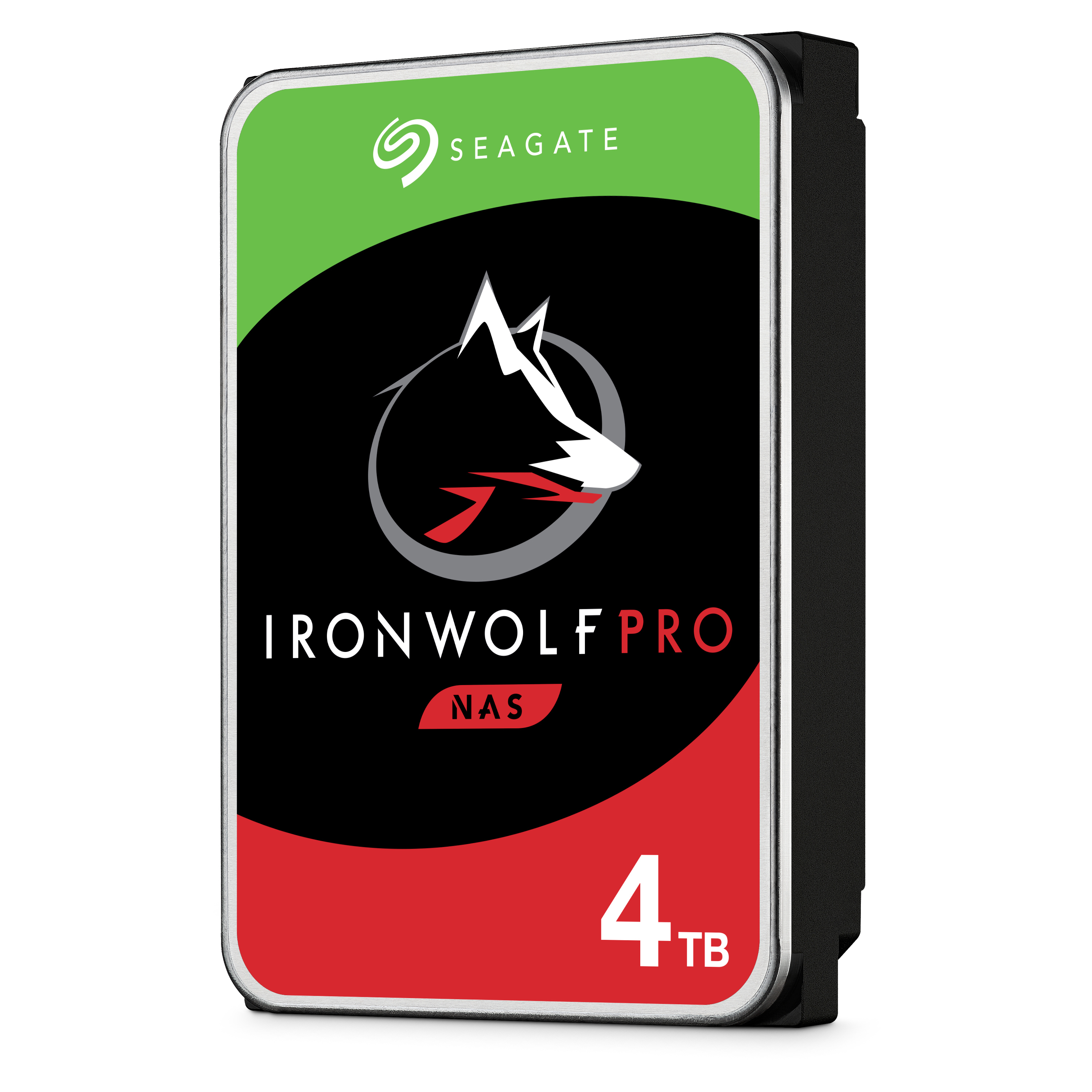 Seagate IronWolf Pro NAS Festplatte. Grün und schwarz mit IronWolf-Logo und 4TB-Etikett.