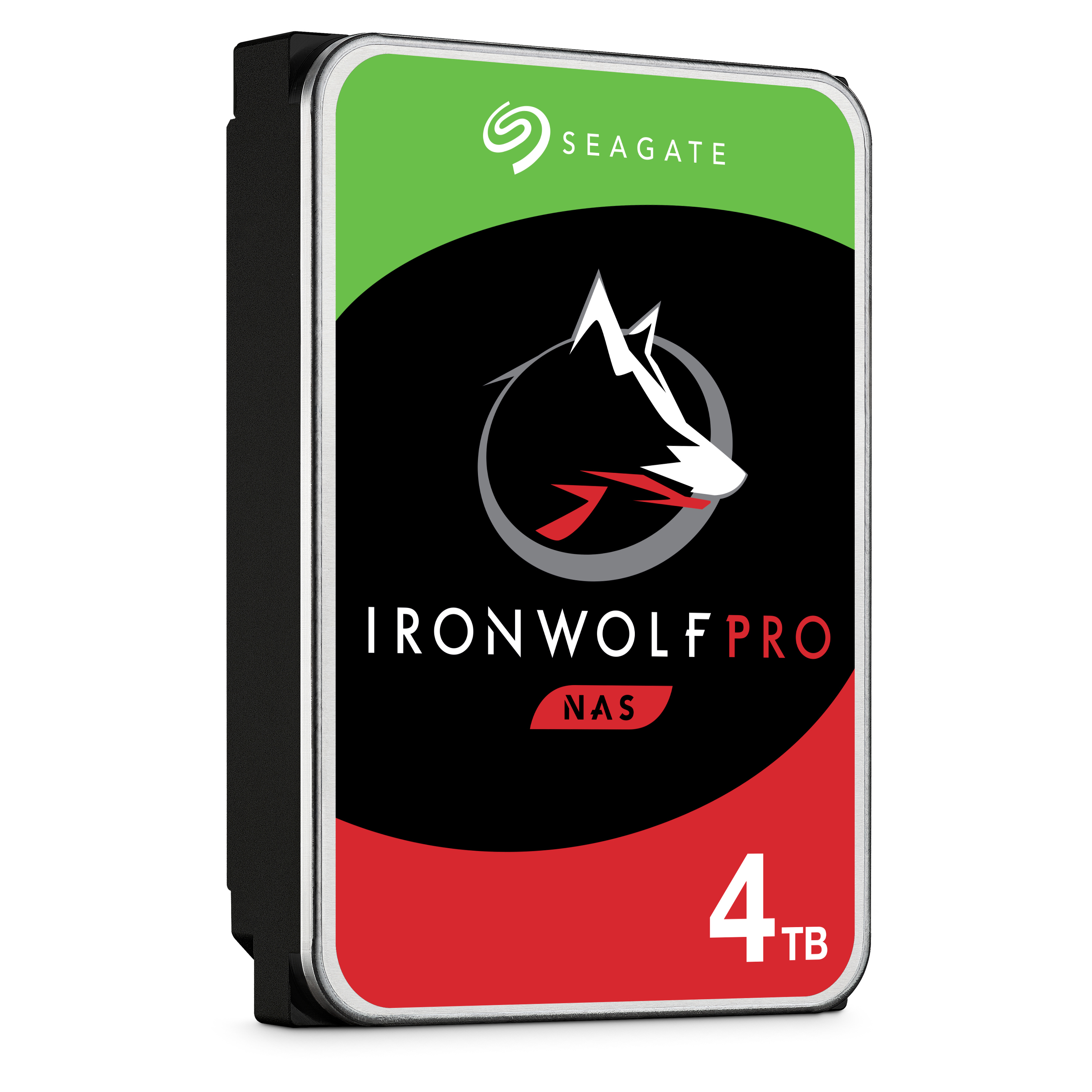 Seagate IronWolf Pro Festplatte. Grün-rotes Etikett mit Wolfsbild und 4TB Text.