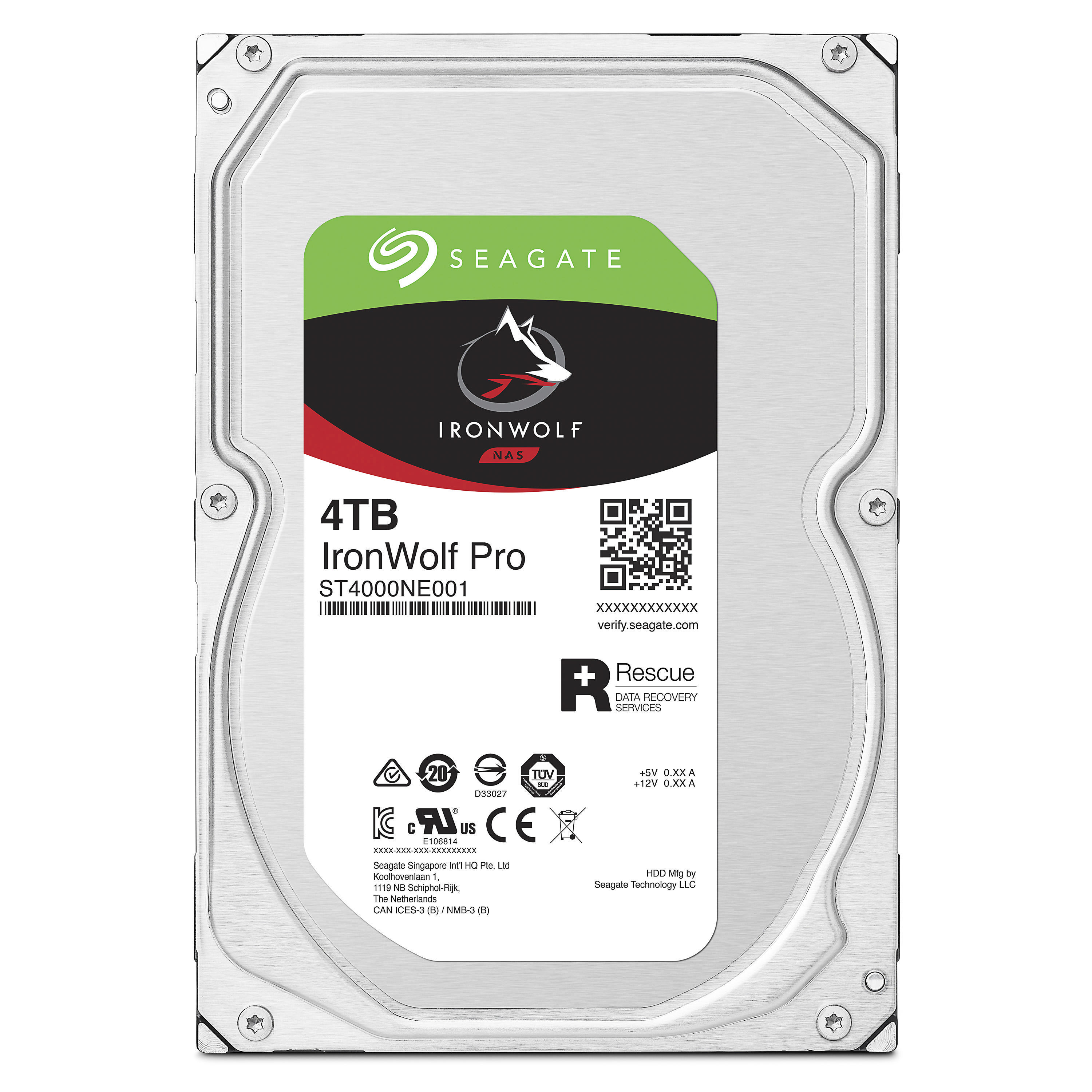 Seagate IronWolf Pro 4TB Festplatte. Grün-rotes Etikett mit Spezifikationen und Logo.
