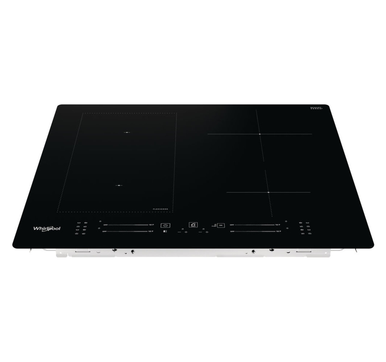 Fekete Whirlpool indukciós főzőlap négy főzőzónával és érintőgombokkal. Fehér háttér.