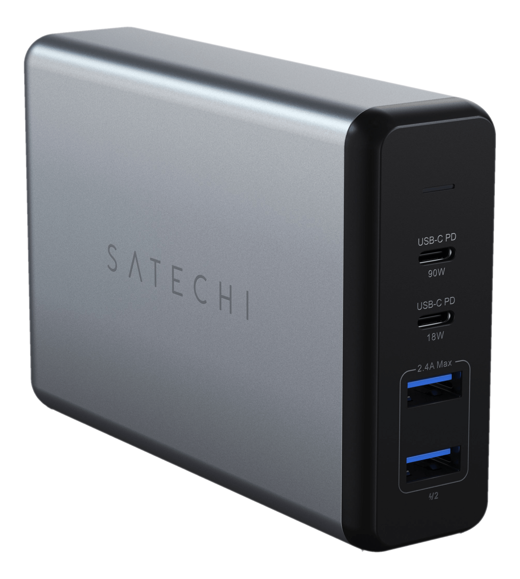 Satechi USB-C PD Ladegerät, silber und schwarz. Hat zwei USB-C-Anschlüsse und zwei USB-A-Anschlüsse.