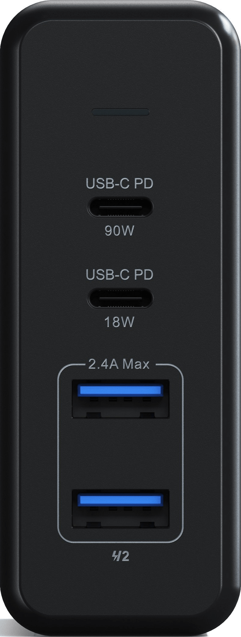 Ein schwarzes Netzteil mit mehreren USB-Anschlüssen und Beschriftungen.
