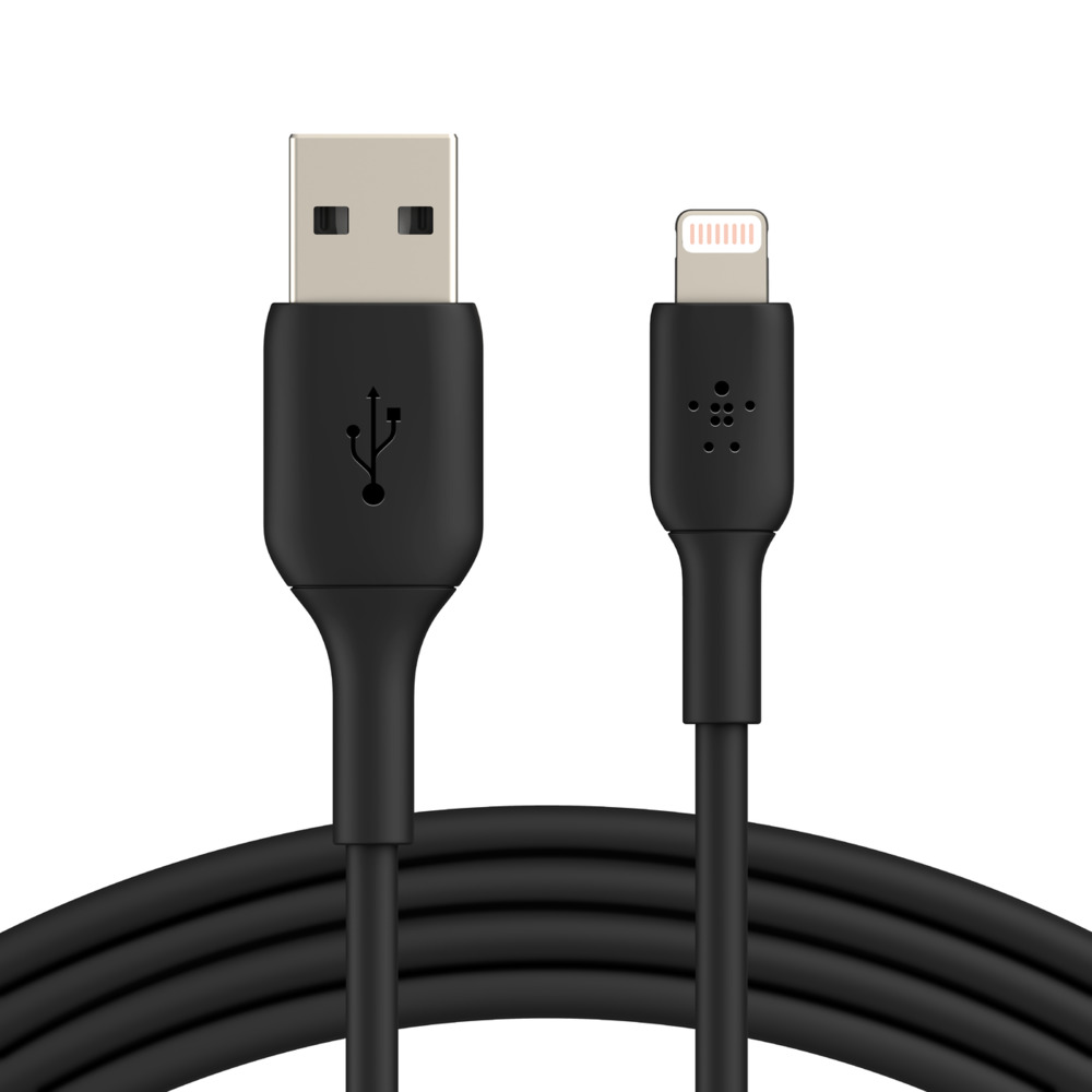 Siyah USB - Lightning kablosu, her iki ucu da görünür.