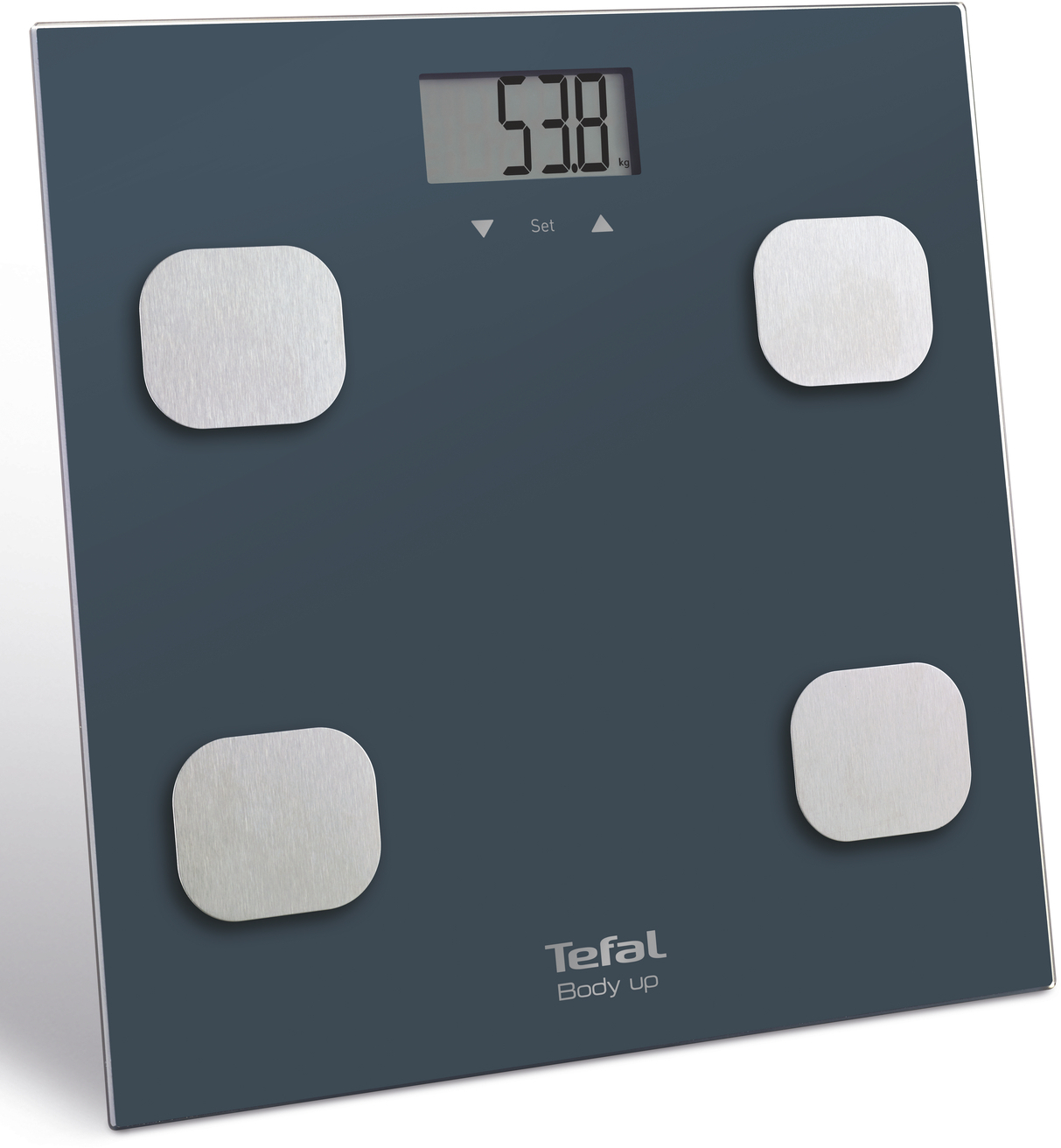 Une balance numérique affiche 53,8 kg. Elle est bleue avec des coussinets argentés. Marque : Tefal, Body up.