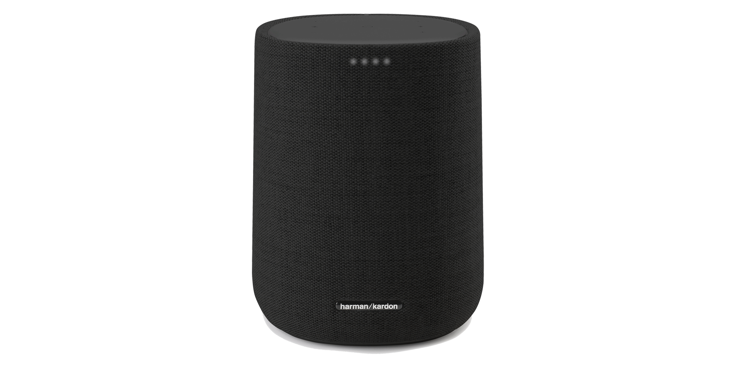 Een zwarte cilindrische slimme luidspreker met vier indicatielampjes. De luidspreker heeft het Harman/Kardon logo.